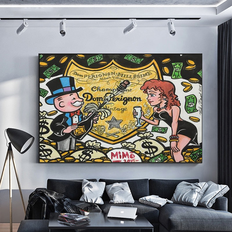 Alec Monopoly Champagne Money Canvas Art Print - Modern Pop Art Wall Decor for Living Room, Bedroom & Office