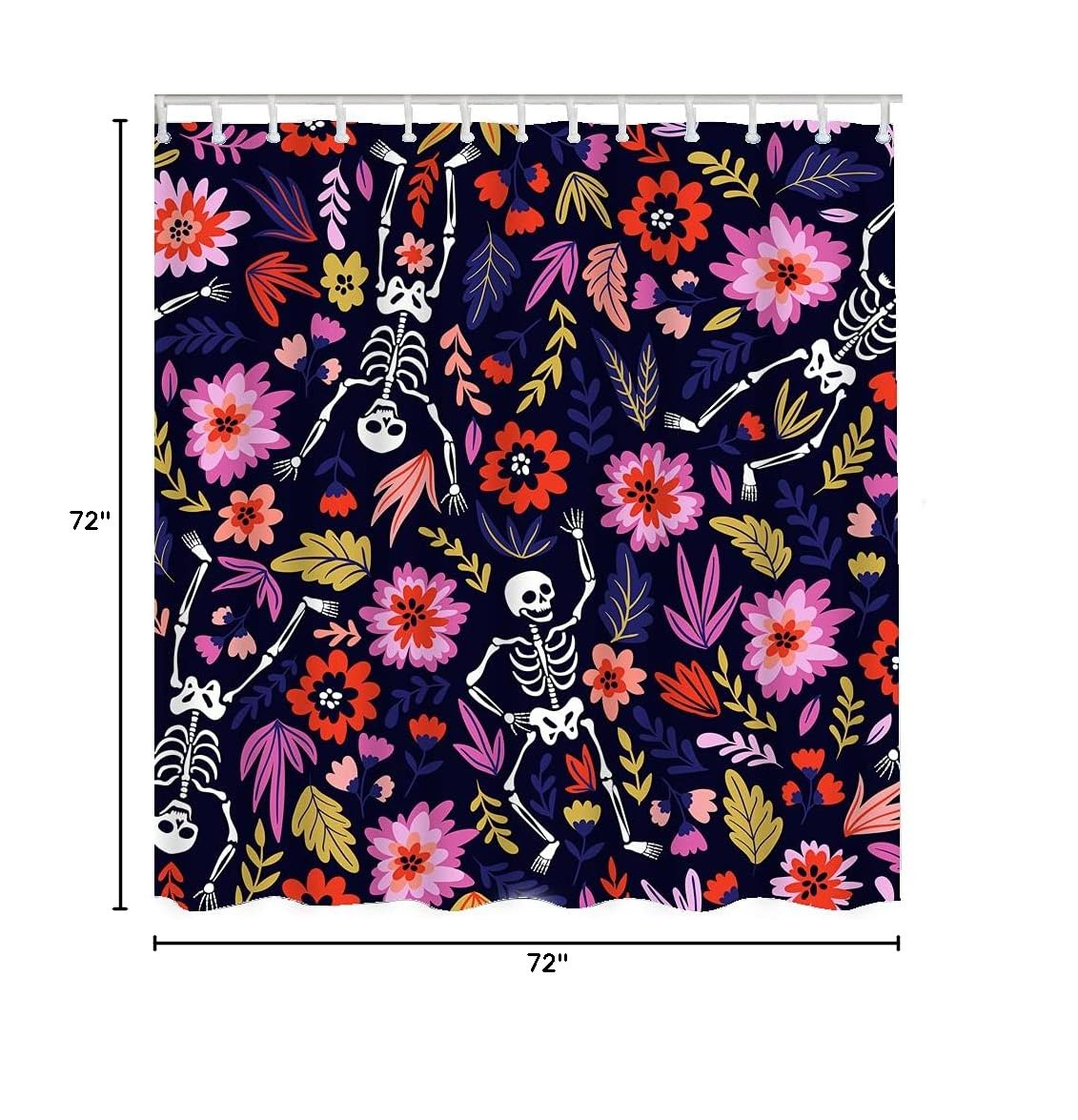 WONDERTIFY Day of The Dead Shower Curtain - Funny Sugar Skull Floral Design, Water-Repellent & Machine Washable Black Bathroom Curtain (72x72 Inch) - Perfect for Halloween Decor, Dia de Los Muertos Celebration & Unique Bathroom Decorations