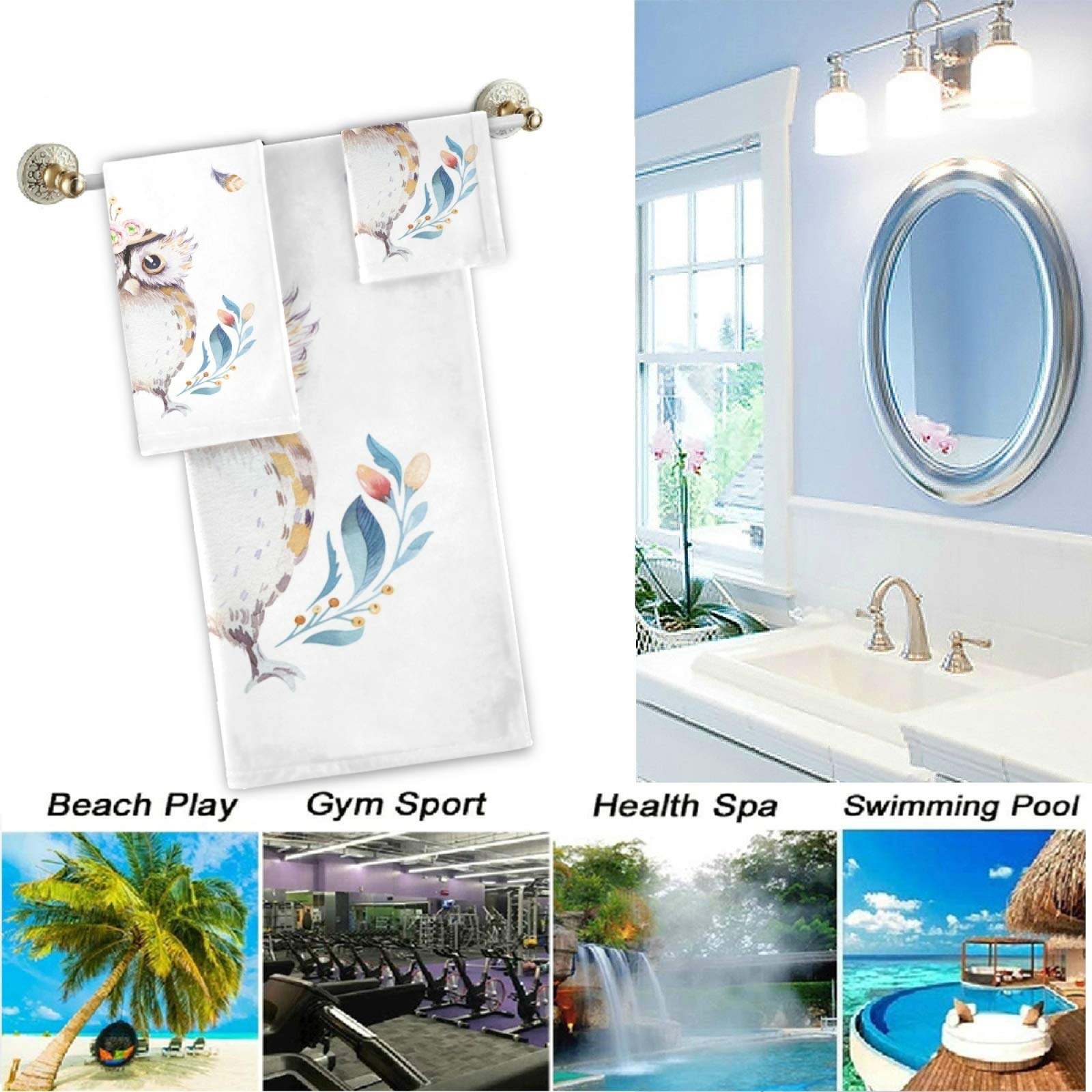 Bohemian Baby Cartoon Owl Soft Luxury 3-Piece Towel Set - 1 Bath Towel, 1 Hand Towel, 1 Washcloth | Ultra Absorbent & Plush for Bathroom, Hotel, Gym, Spa, Kitchen Decor | Perfect for Nursery, Baby Shower Gift & Home Decoration