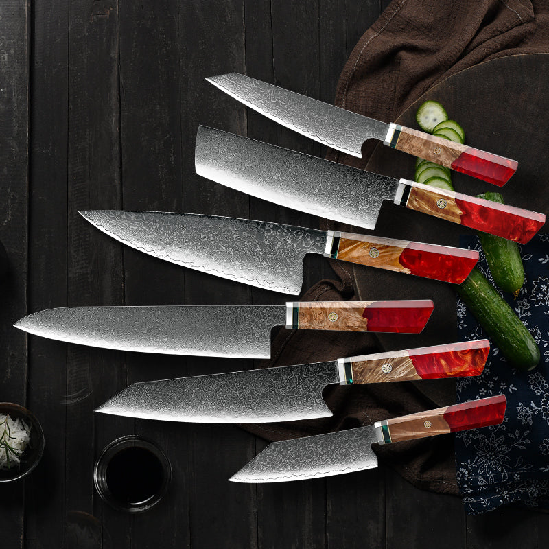 Premium 6-Piece Fury Knife Set - VG10 Damascus Steel Blades with Exotic Maple Burl Wood & Resin Handle - Perfect for Professional Chefs, Home Cooking & Outdoor Adventures