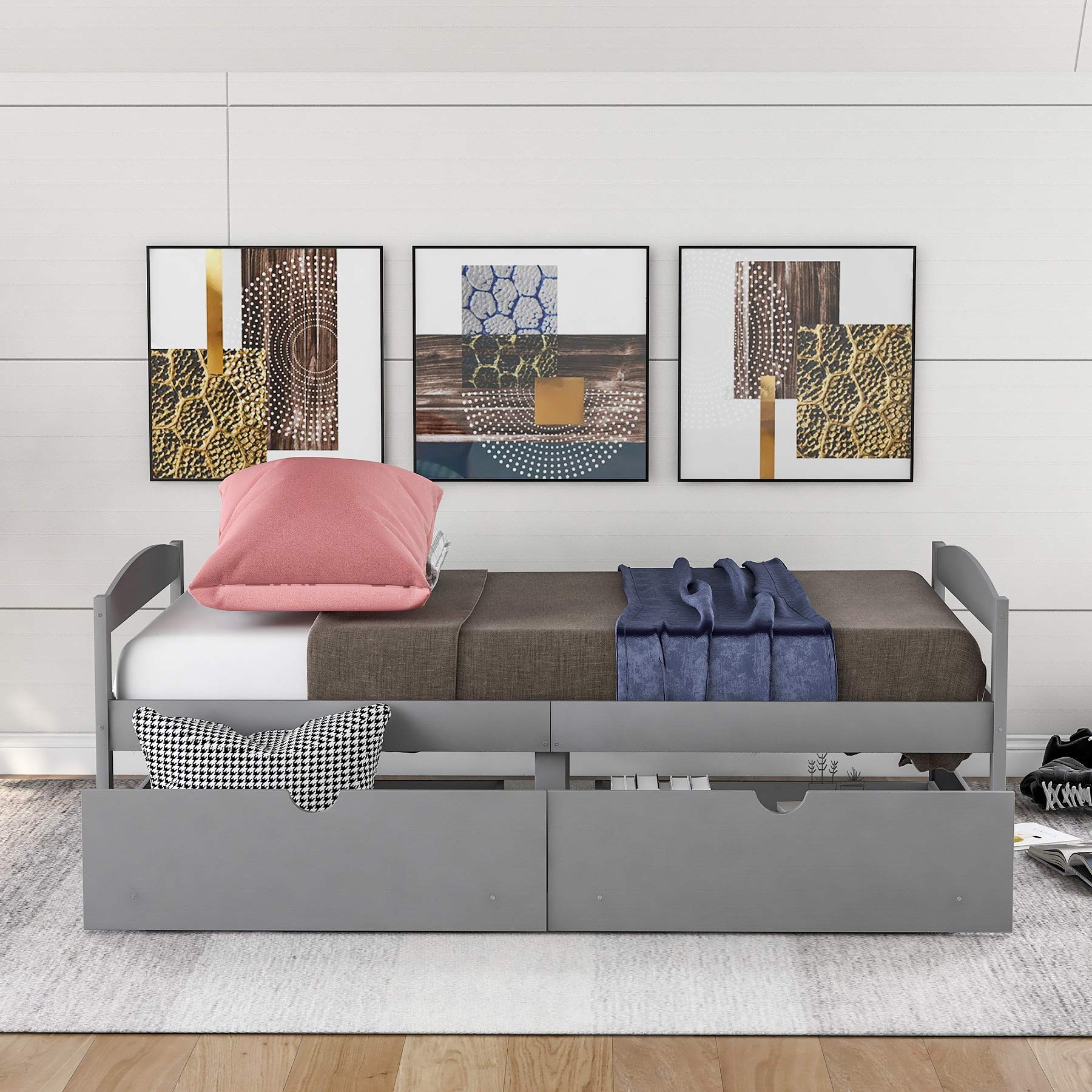 Rhomtree Twin Size Wooden Platform Bed Frame with Headboard & 2 Storage Drawers - Grey - Modern Bedroom Furniture for Small Spaces & Guest Rooms