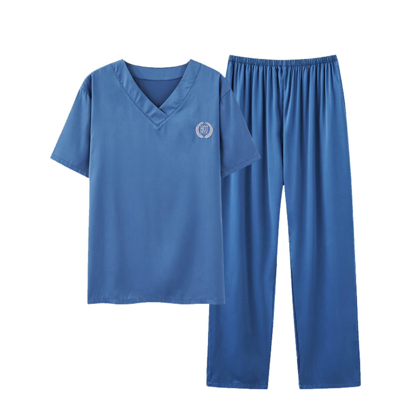 Men's Summer Short Sleeve V-Neck Pajama Set with Lounge Pants - Breathable Cotton Sleepwear for Nightwear & Home Relaxation