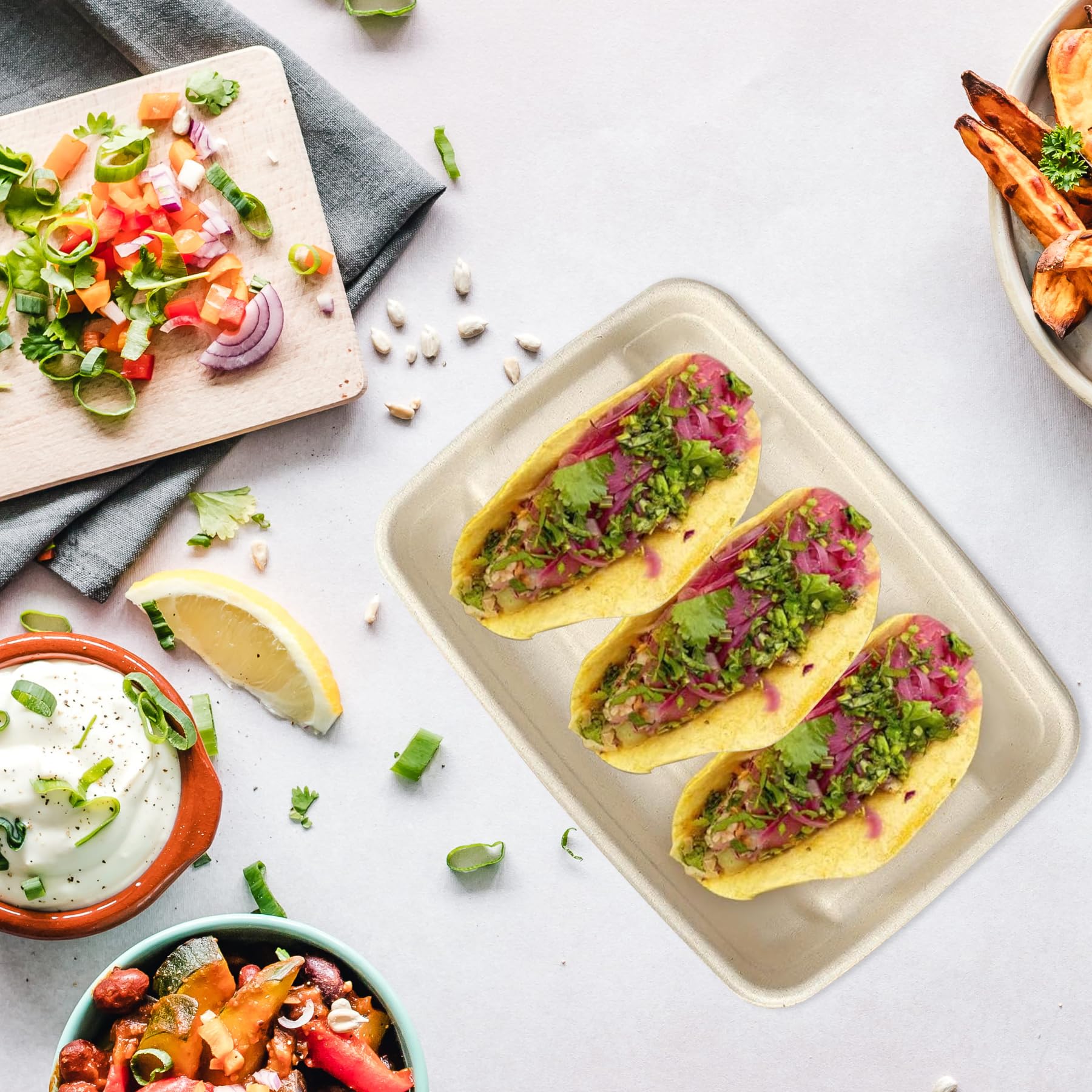43-Pack Disposable Taco Holder Trays with 3 Dividers & 10 Dip Plates | Eco-Friendly Paper Pulp Fiber Plates for Taco Tuesday Parties, Buffets & Lazy Susan Serving | Perfect for Taco Bars, Game Nights & Family Gatherings