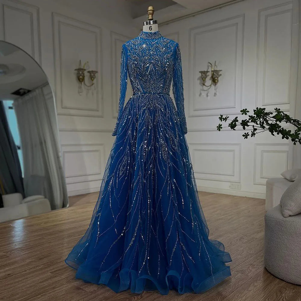 Elegant Blue Beaded A-Line Muslim Evening Dress for Women - Luxury Dubai Abaya Gown for Wedding, Party & Special Occasions | Serene Hill Collection 2025 LA72302A | Perfect for Formal Events, Evening Galas & Bridal Showers