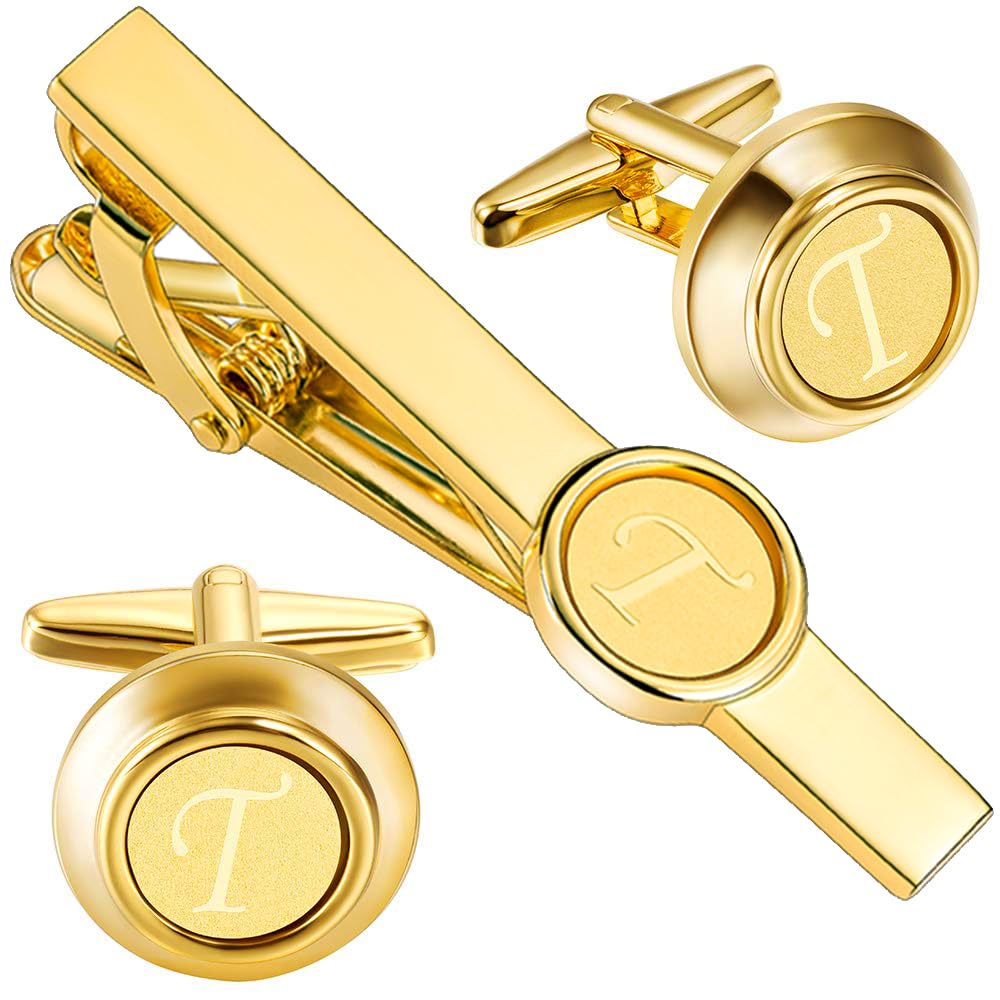 HAWSON 2 Inch Gold Engraved A-Z Letter Cufflinks and Tie Clip Set for Men - Elegant Formal Accessories for Business, Wedding & Special Occasions