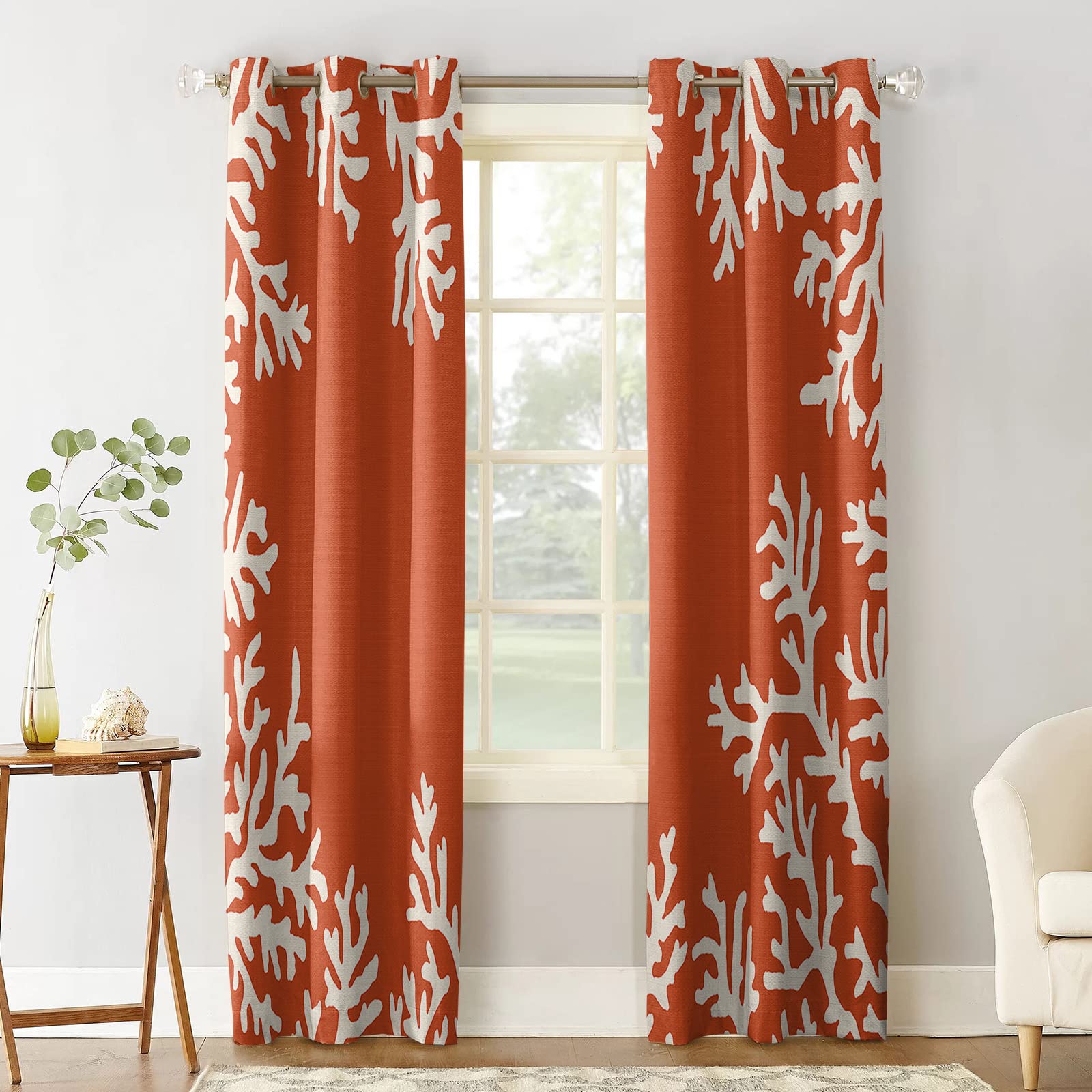 Premium Coral Print Blackout Curtains - Thermal Insulated Room Darkening Window Drapes with White Coral & Orange Design for Living Room & Bedroom (52x96 Inches, 2 Panels) - Perfect for Coastal Decor, Sun Protection & Energy Efficiency