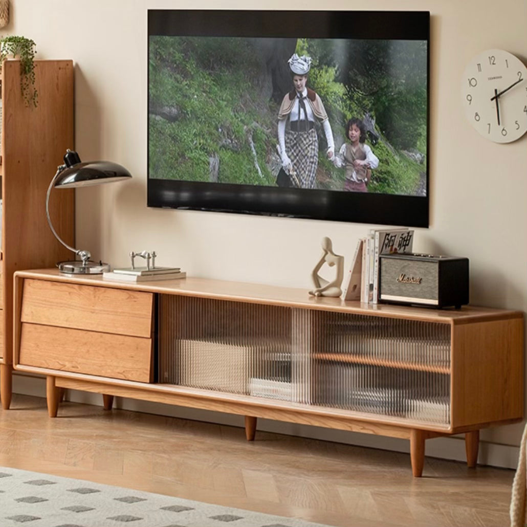 Mid Century Modern Cherry Solid Wood TV Stand - Stylish Entertainment Center for Living Room & Home Theater