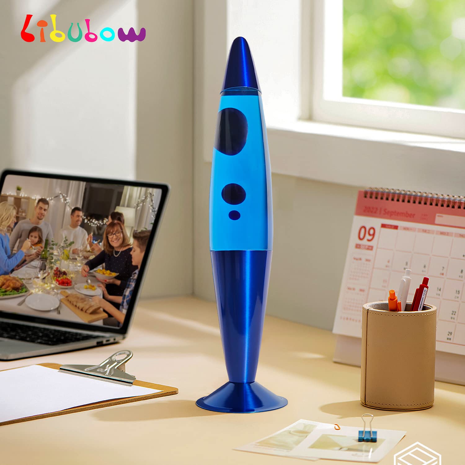 16 Inch Blue Liquid Motion Lamp with 2 Bulbs - Relaxing Night Light for Home, Office & Bedroom - Soothing Mood Lighting Decor - Perfect Gift for Christmas & Birthday (Ideal for Stress Relief, Meditation & Cozy Atmosphere)