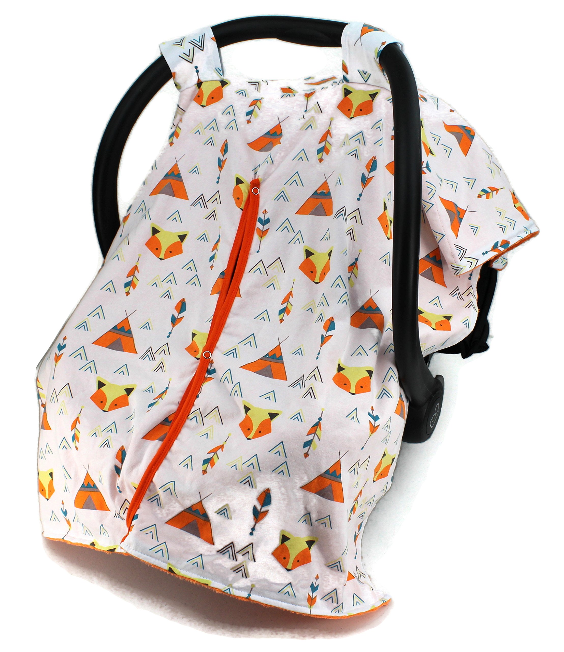 Dear Baby Gear Car Seat Canopy - Fox & Teepees Design, Soft Orange Minky Fabric for Infant Car Seat Cover - Perfect for Strollers, Travel & Outdoor Protection
