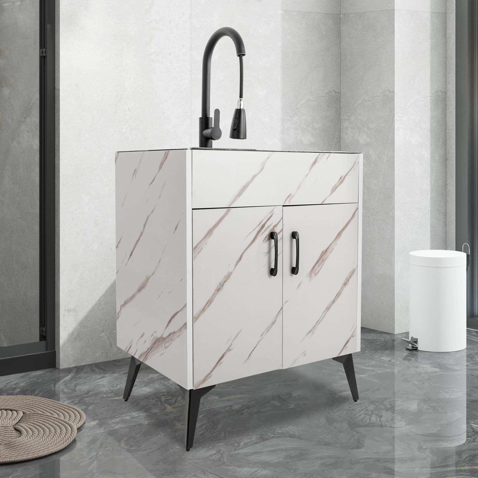 **YIYIBYUS 60 x 45cm Stainless Steel Utility Sink with White Cabinet - Heavy-Duty Laundry Sink for Kitchen, Bathroom, Basement & Utility Room - Perfect for Washing Clothes, Cleaning Tools & Household Chores**
