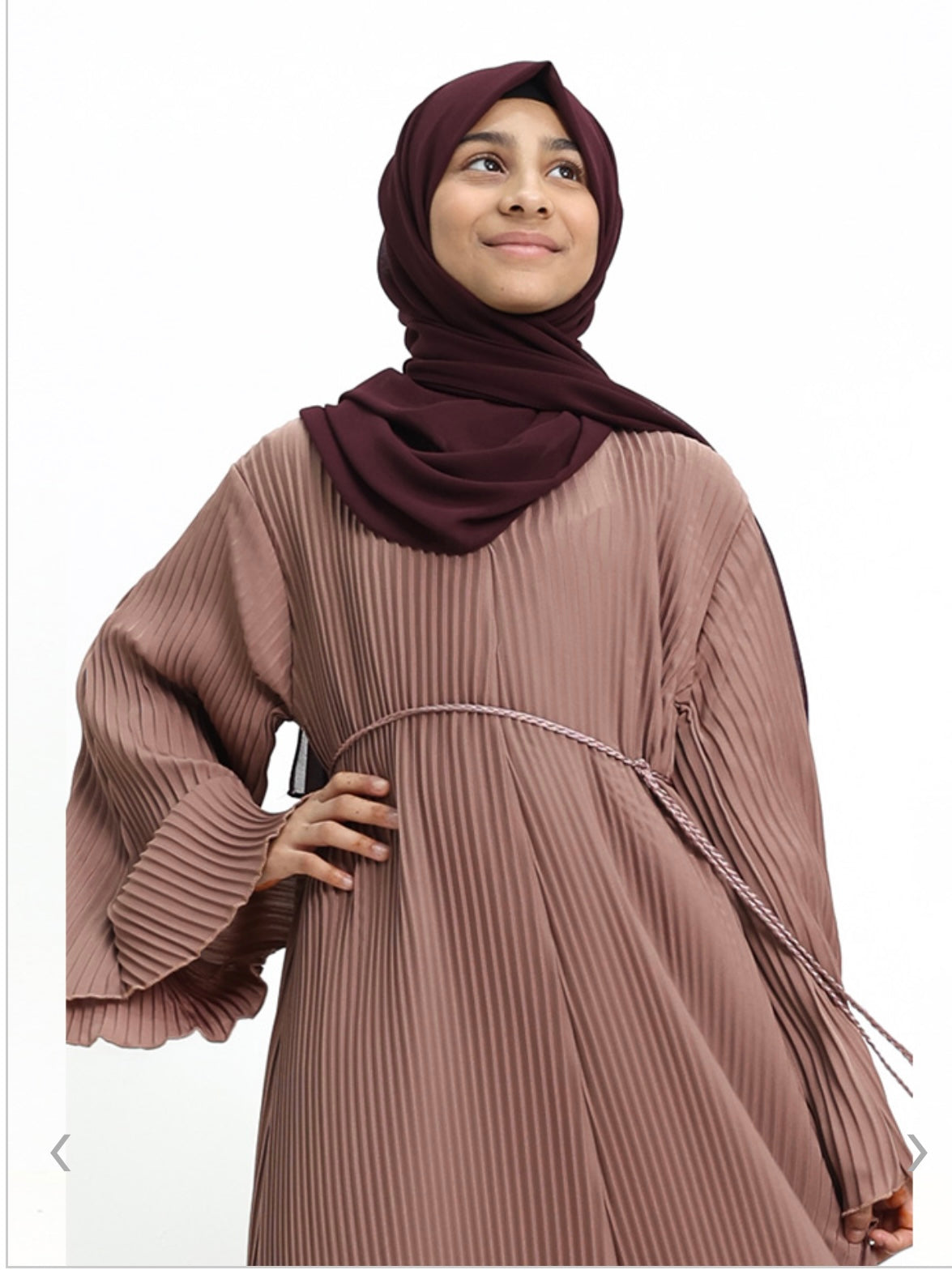 Elegant Pleated Girls Abaya Dress with Adjustable Rope Belt - Rose Gold Color | Perfect for Eid, Ramadan, Mosque & Special Occasions