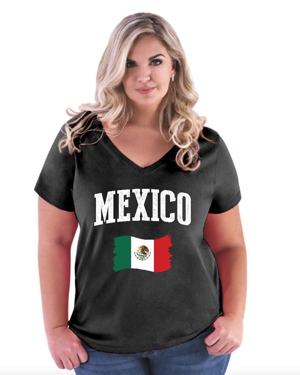 Mexico Flag V-Neck T-Shirt for Women - Plus Size & Curvy Fit Travel Gift - Perfect for Vacations, Cinco de Mayo & Hispanic Heritage Celebrations