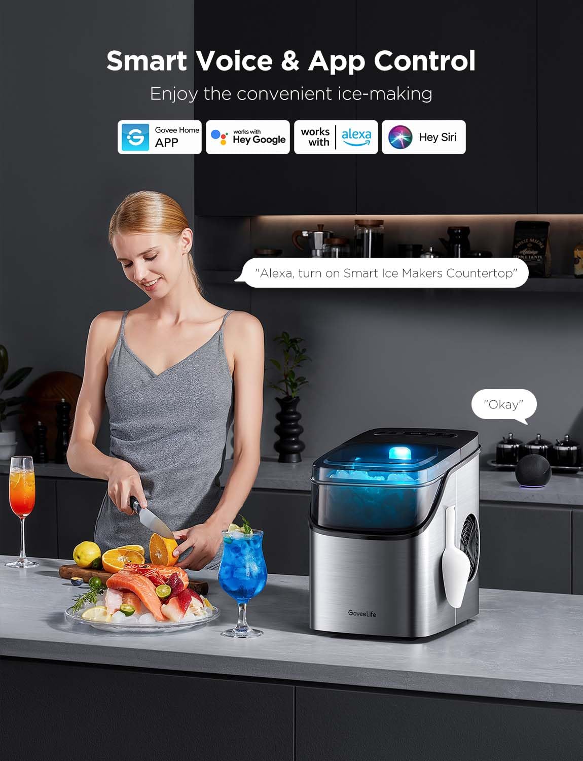 GoveeLife Smart Countertop Ice Maker with Voice Control - 9 Ice Cubes in 6 Minutes, 26lbs/24Hrs, 3 Cube Sizes, Self-Cleaning & RGB Lights - Quiet Portable Ice Machine with Scoop for Kitchen, Office, RV, and Outdoor Use