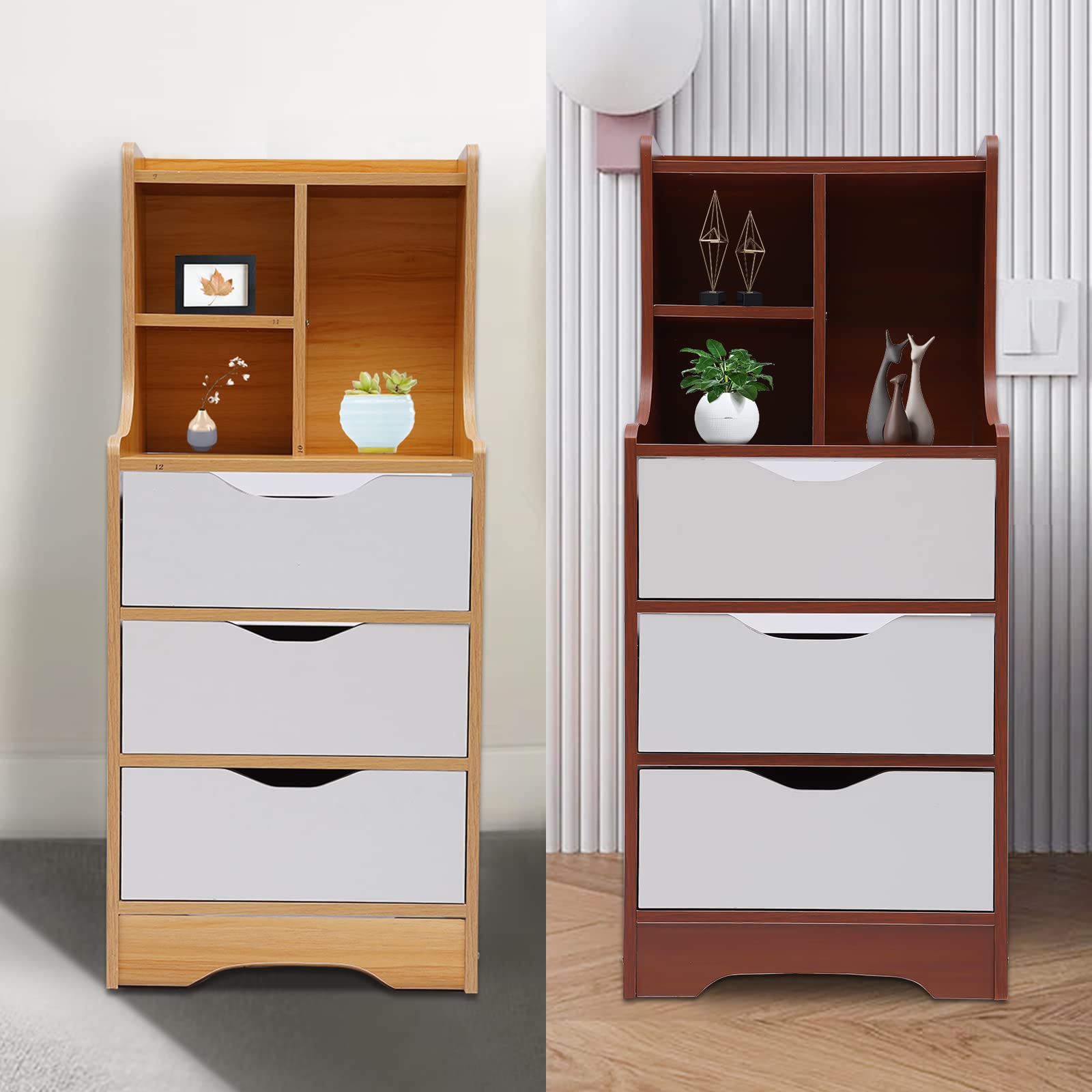3-Drawer Nightstand with Open Storage Cabinet - Tall Bedside Table for Bedroom, Living Room & Office - Dark Brown Wood Finish - Perfect for Books, Lamps & Bedroom Essentials