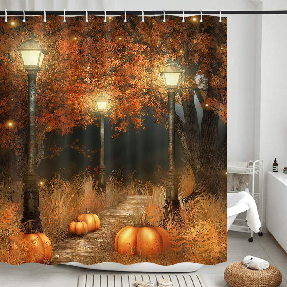 Thanksgiving Shower Curtain Set - Autumn Pumpkin Halloween Bathroom Decor with Brown Tree Design, 72x72 Inches Waterproof Fabric Shower Curtain Includes Hooks - Perfect for Fall Bathroom Decorations & Holiday Home Decor
