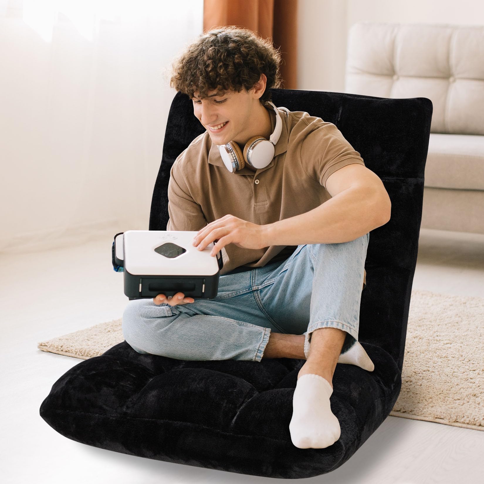 14-Position Adjustable Folding Floor Chair with Cushion - Breathable Cotton & Skin-Friendly Flannel - Perfect for Reading, Meditation, Yoga & Relaxation - Great for Adults & Kids - Black (Ideal for Living Room, Bedroom, Dorm & Office Use)