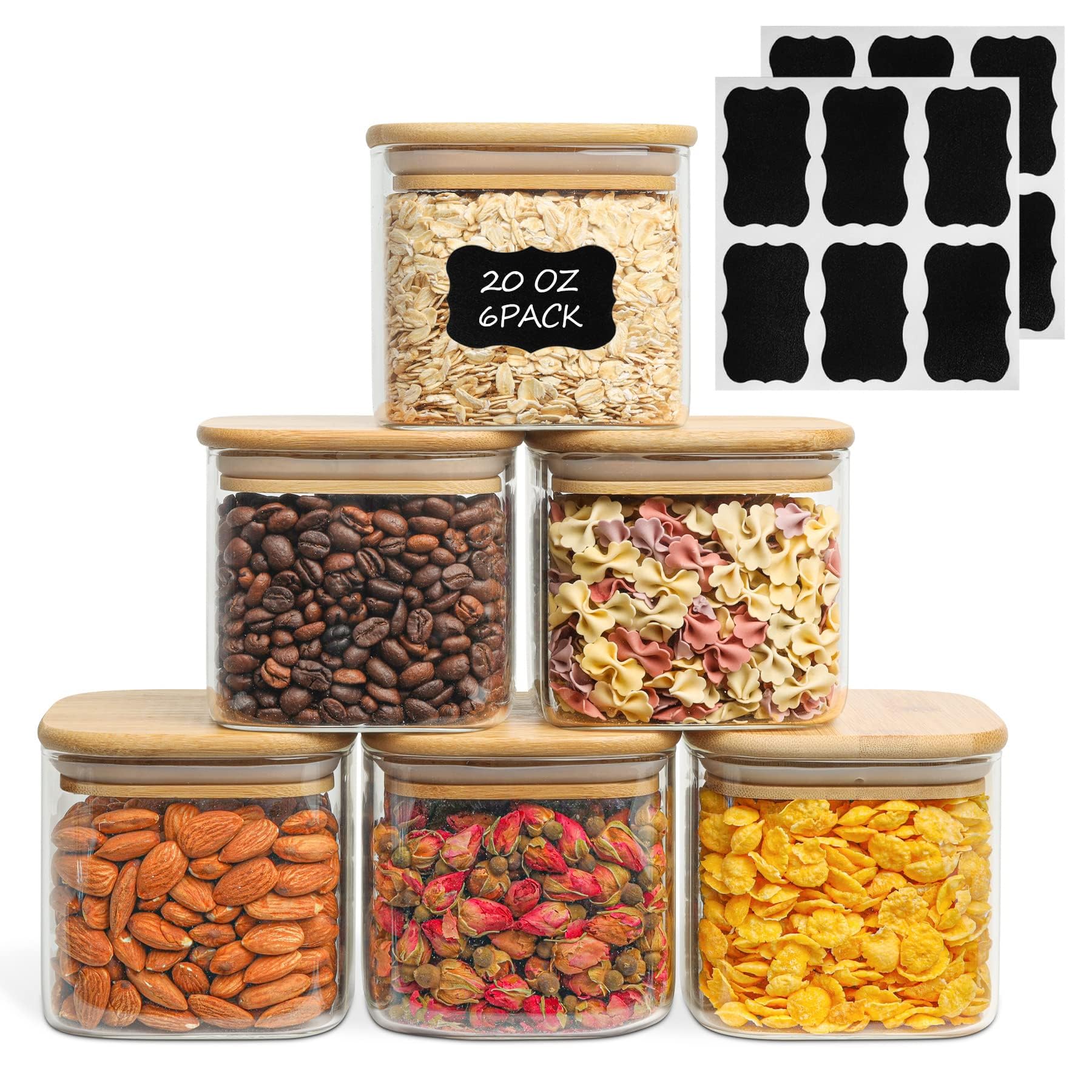 ComSaf 20 oz Glass Food Storage Containers Set of 6 - Airtight Clear Pantry Jars for Spices, Coffee, Sugar, Tea & Kitchen Organization | Perfect for Meal Prep, Baking & Home Storage Solutions