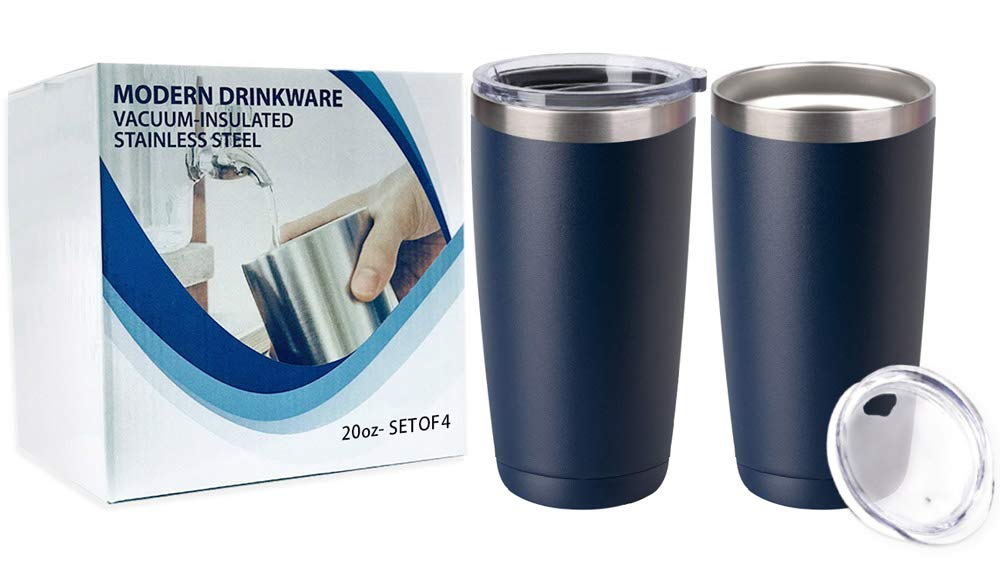 **20oz Stainless Steel Tumbler with Lid - Vacuum Insulated Double Wall Travel Mug for Hot & Cold Drinks - Coffee Cup for Home, Office, Camping & Gym - Includes Gift Box (Navy Blue, 2 Pack) - Perfect for Coffee, Tea, Smoothies & Iced Beverages**