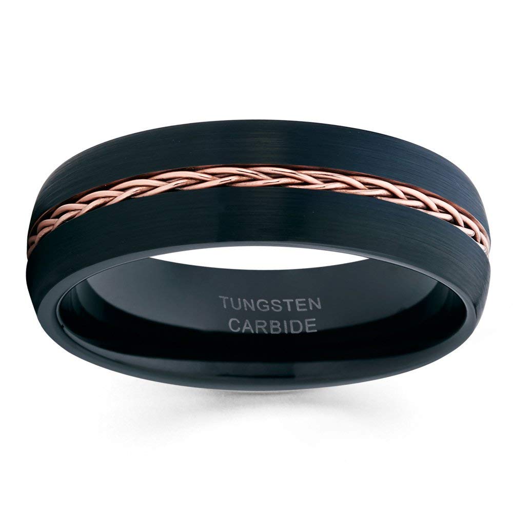 6mm Rose Gold Black Tungsten Wedding Band for Men & Women - Comfort Fit Anniversary & Engagement Ring with 18k Rose Gold Braid Design - Perfect for Everyday Wear, Proposals & Special Occasions