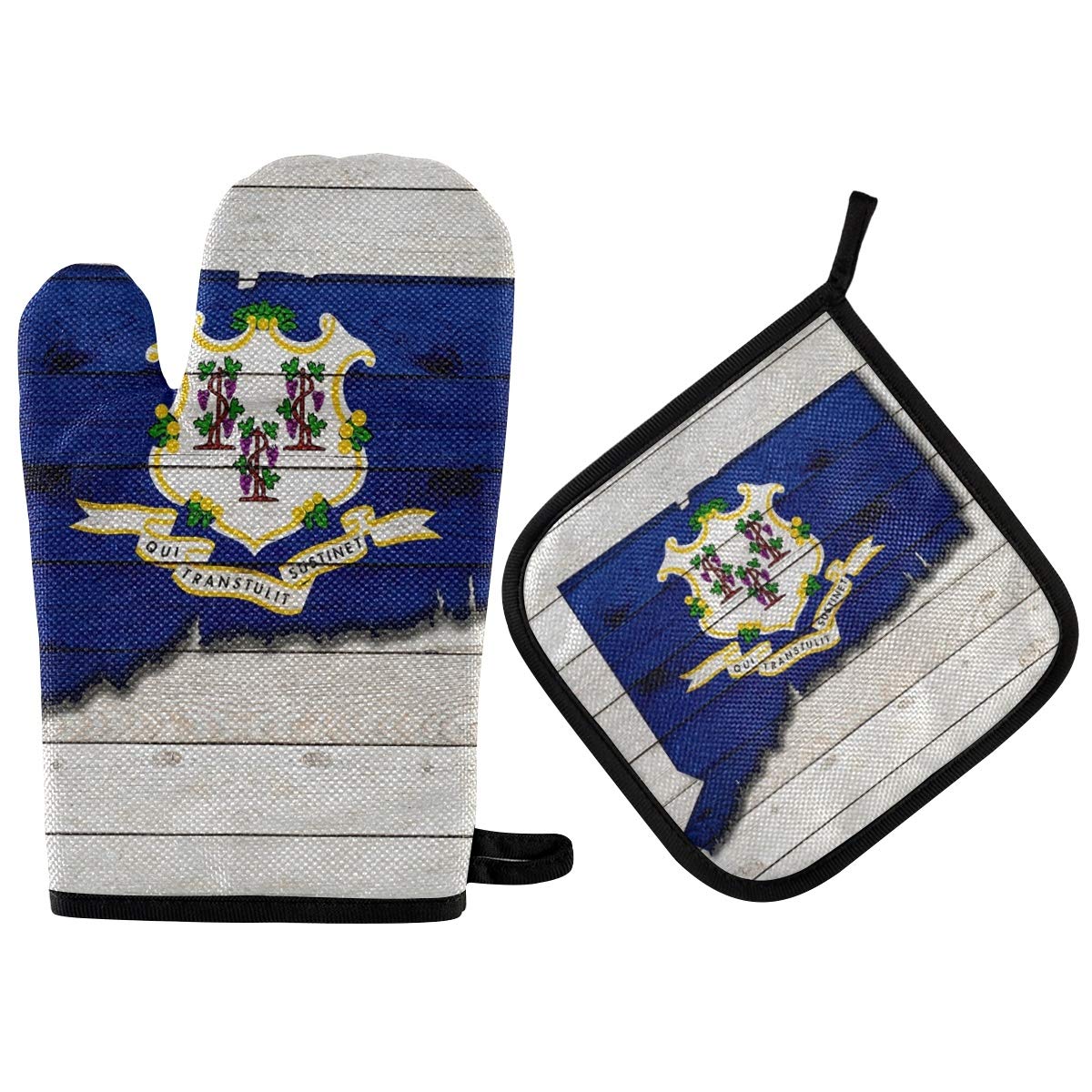Connecticut Flag Map Oven Mitts & Pot Holders Set - Heat Resistant Kitchen Gloves for Cooking, Baking, Grilling & BBQ - Perfect for Microwave, Stove & Oven Use