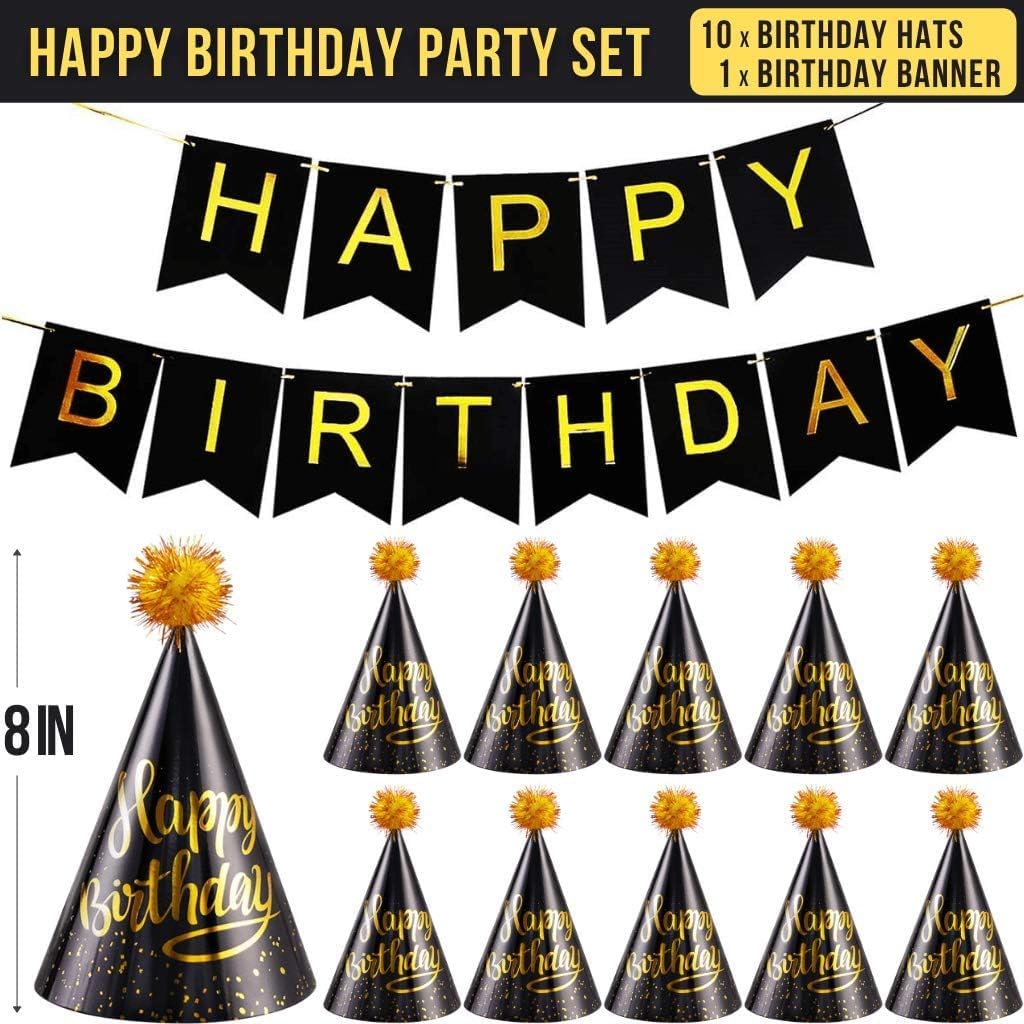 10-Piece Black and Gold Birthday Party Kit - Cone Hats & Banner for Kids & Adults | Fun Birthday Party Decorations & Supplies | Perfect for Birthday Celebrations, Themed Parties & Special Events