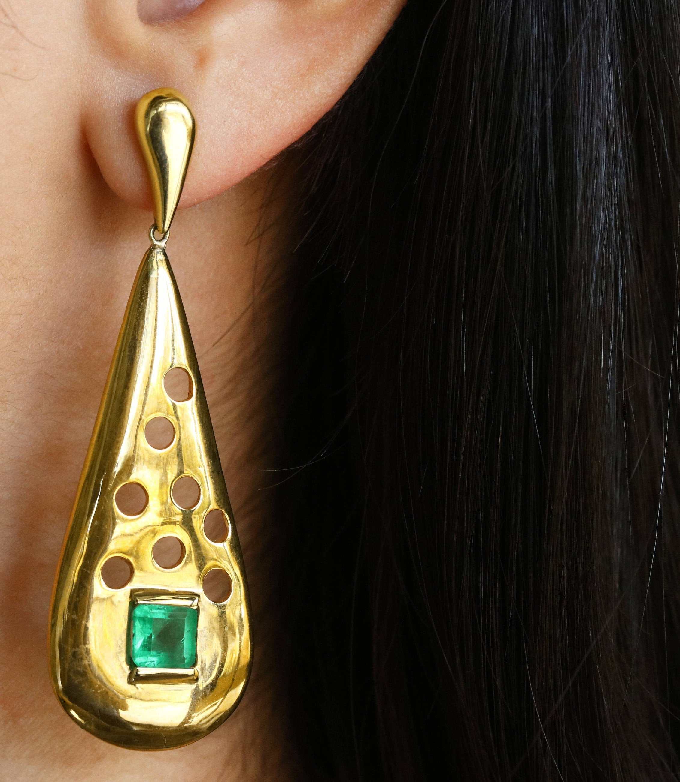 3.76tcw Handmade Natural Square Cut Green Emerald Dangle Earrings in 14K Gold - Perfect for Weddings, Parties & Special Occasions