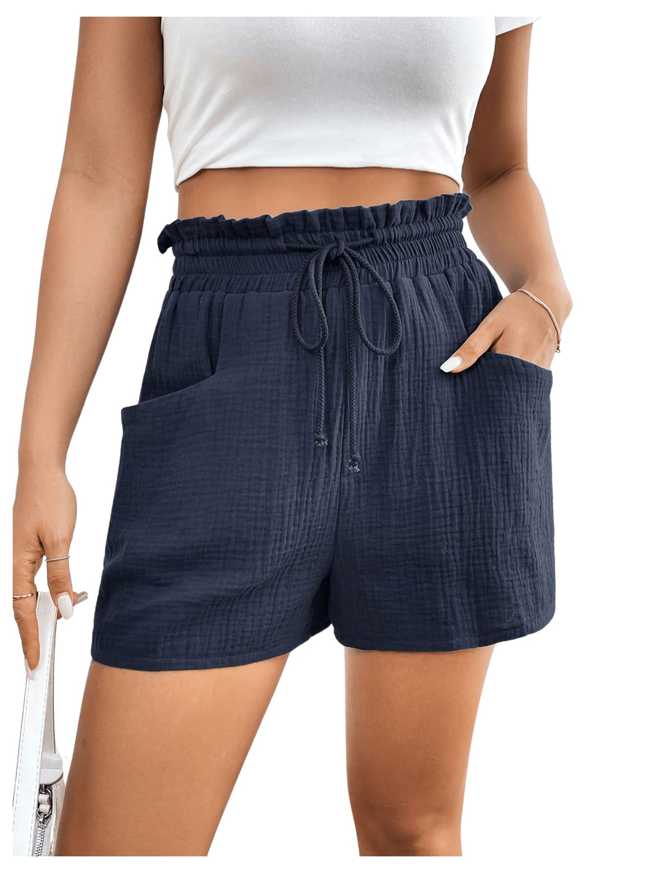 OYOANGLE Women's High Waist Athletic Shorts - Stretchy Textured Elastic Drawstring Casual Workout Running Track Shorts with Pockets - Perfect for Gym, Yoga & Summer Outdoor Activities