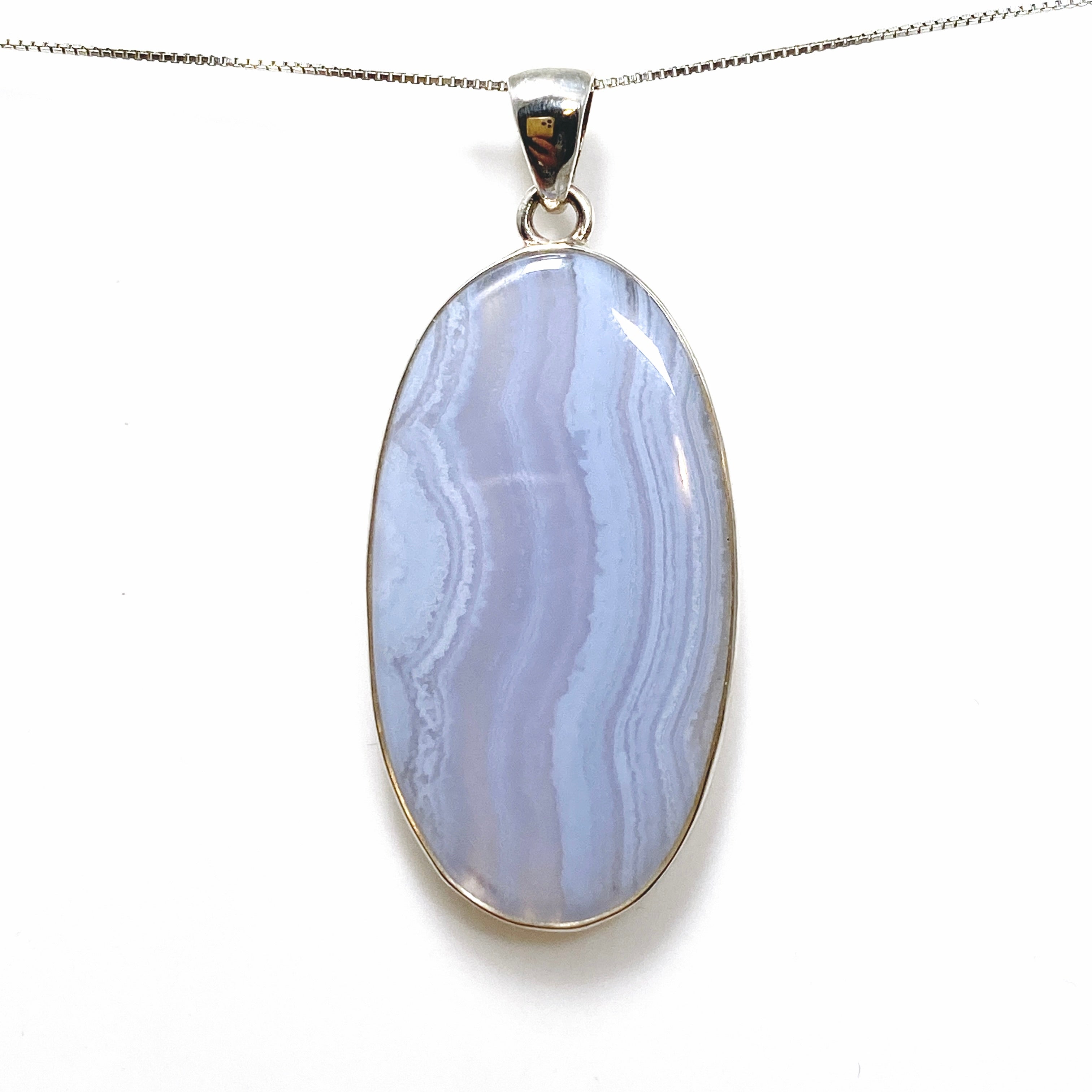 Blue Lace Agate Oval Cabochon Pendant - Natural Stone Jewelry KPGJ4823 for Women's Necklace, Healing Crystal Gift for Meditation & Spiritual Protection