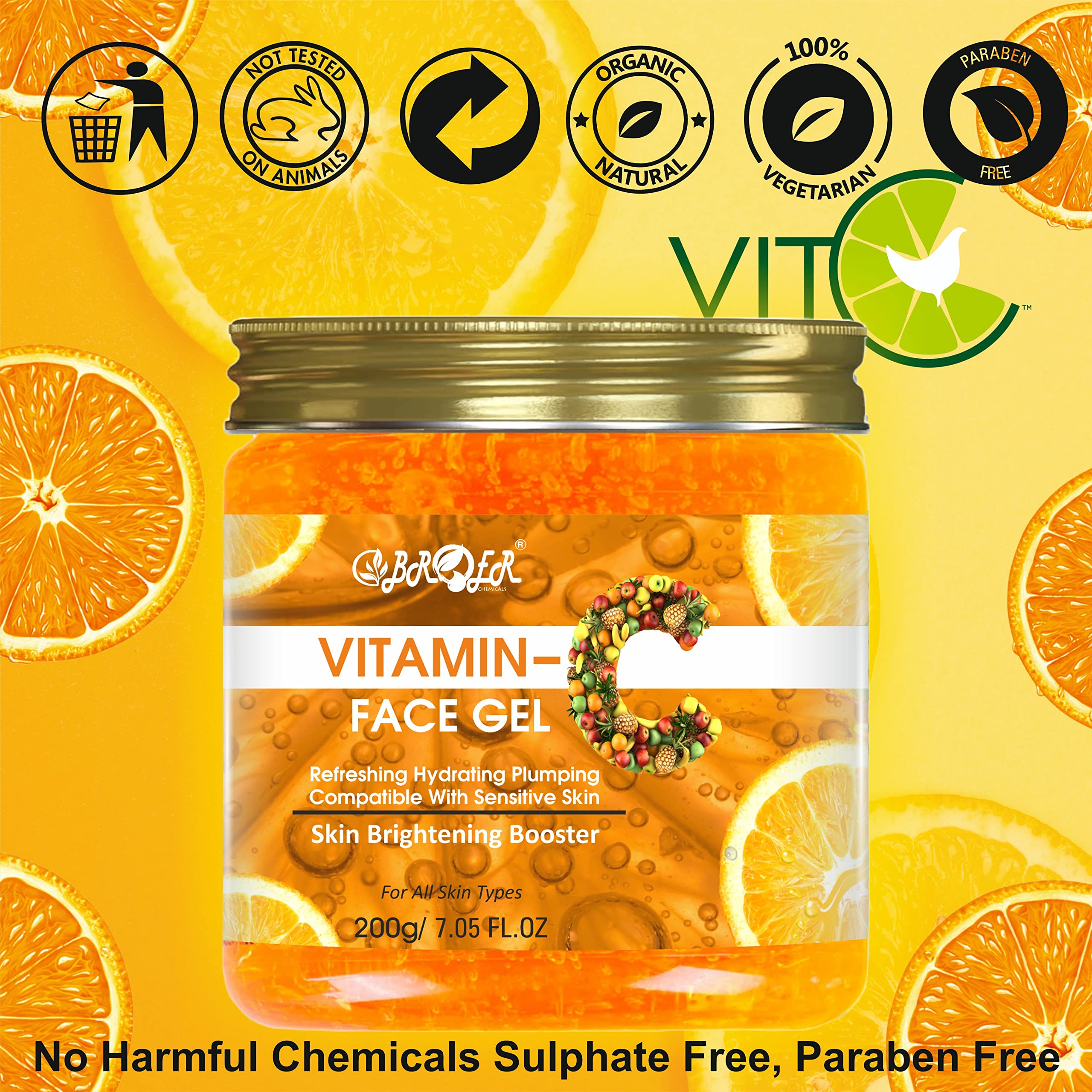 BROER Vitamin C Facial Gel with Aloe Vera & Orange Extract 200g - Hydrating & Brightening for Dry, Dull & Aging Skin - Lightweight & Fast Absorbing - Paraben & Silicone Free - Perfect for Morning Skincare Routine & Under Makeup