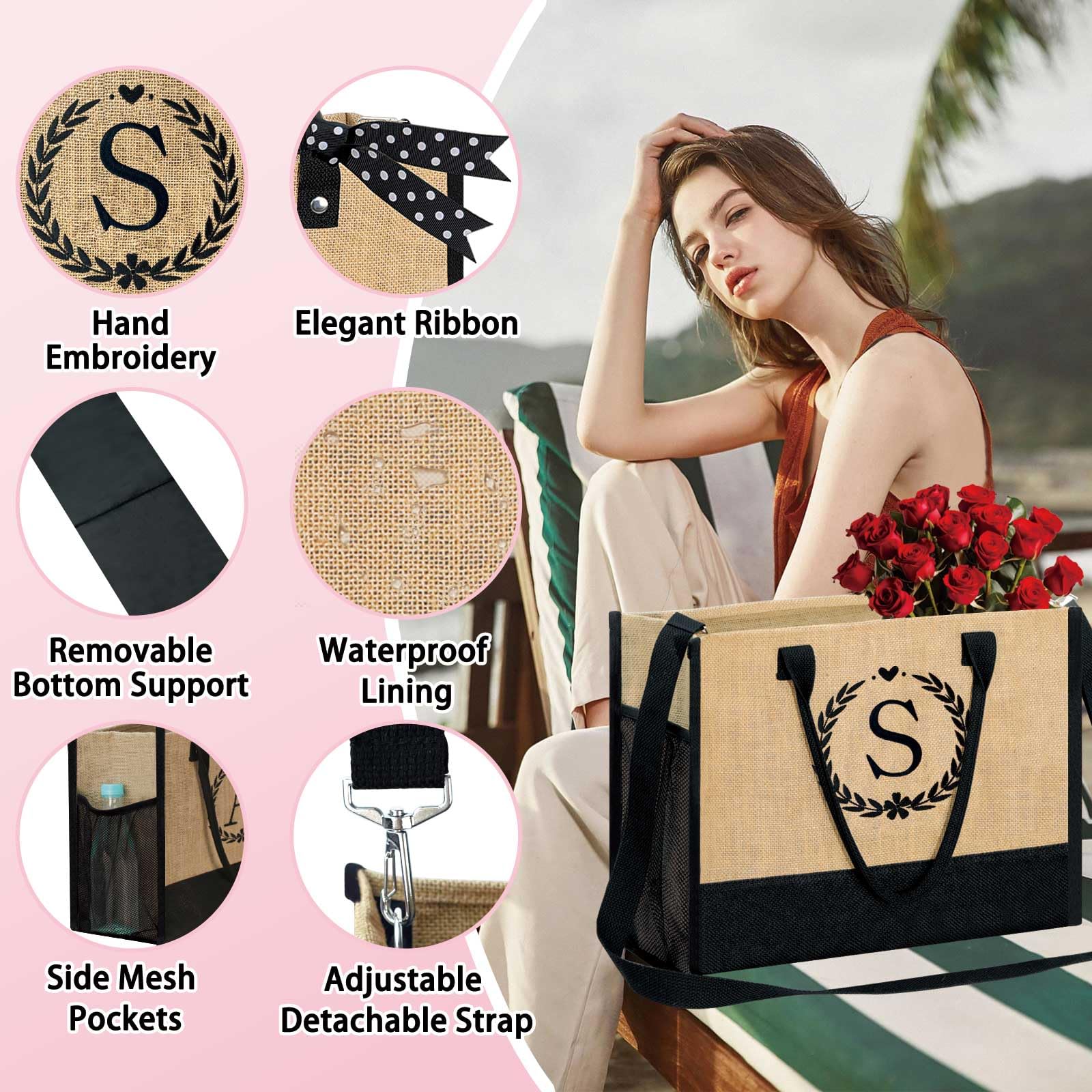 Personalized Initial Jute Tote Bag & Makeup Pouch Set for Women - Custom Monogrammed Beach Bag with Zipper - Perfect Gift for Brides, Moms, and Friends - Great for Travel, Shopping, and Beach Outings