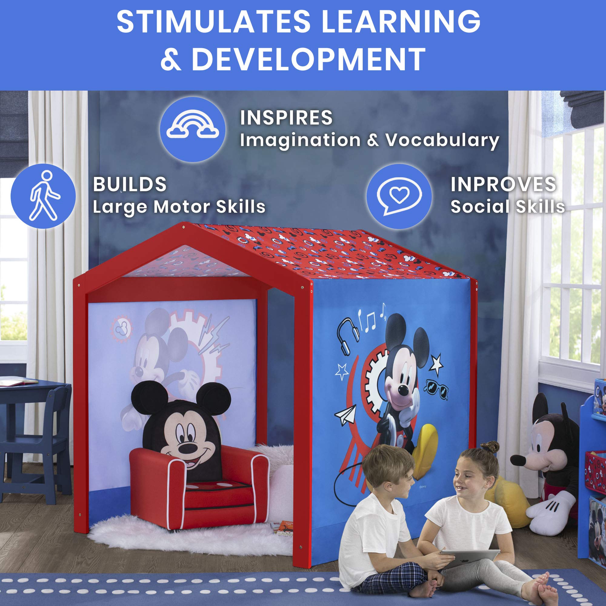 Disney Mickey Mouse Indoor Playhouse with Fabric Tent & MySize Wood Toddler Bed by Delta Children - White - Perfect for Kids' Bedroom, Playroom & Indoor Playtime