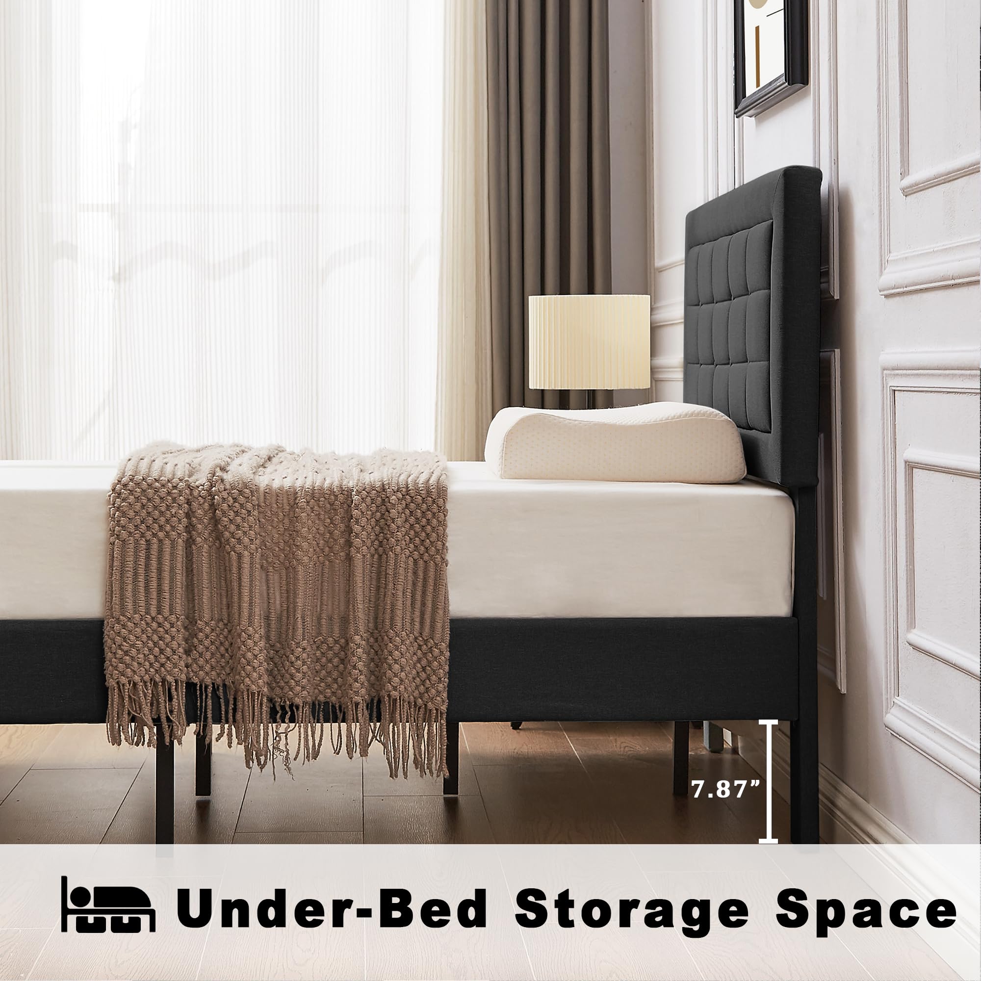 VECELO Twin Size Upholstered Bed Frame with Adjustable Headboard - Heavy Duty Platform Bed Frame with Wood Slat Support, No Box Spring Needed - Dark Gray - Perfect for Small Bedrooms, Guest Rooms & Dormitories