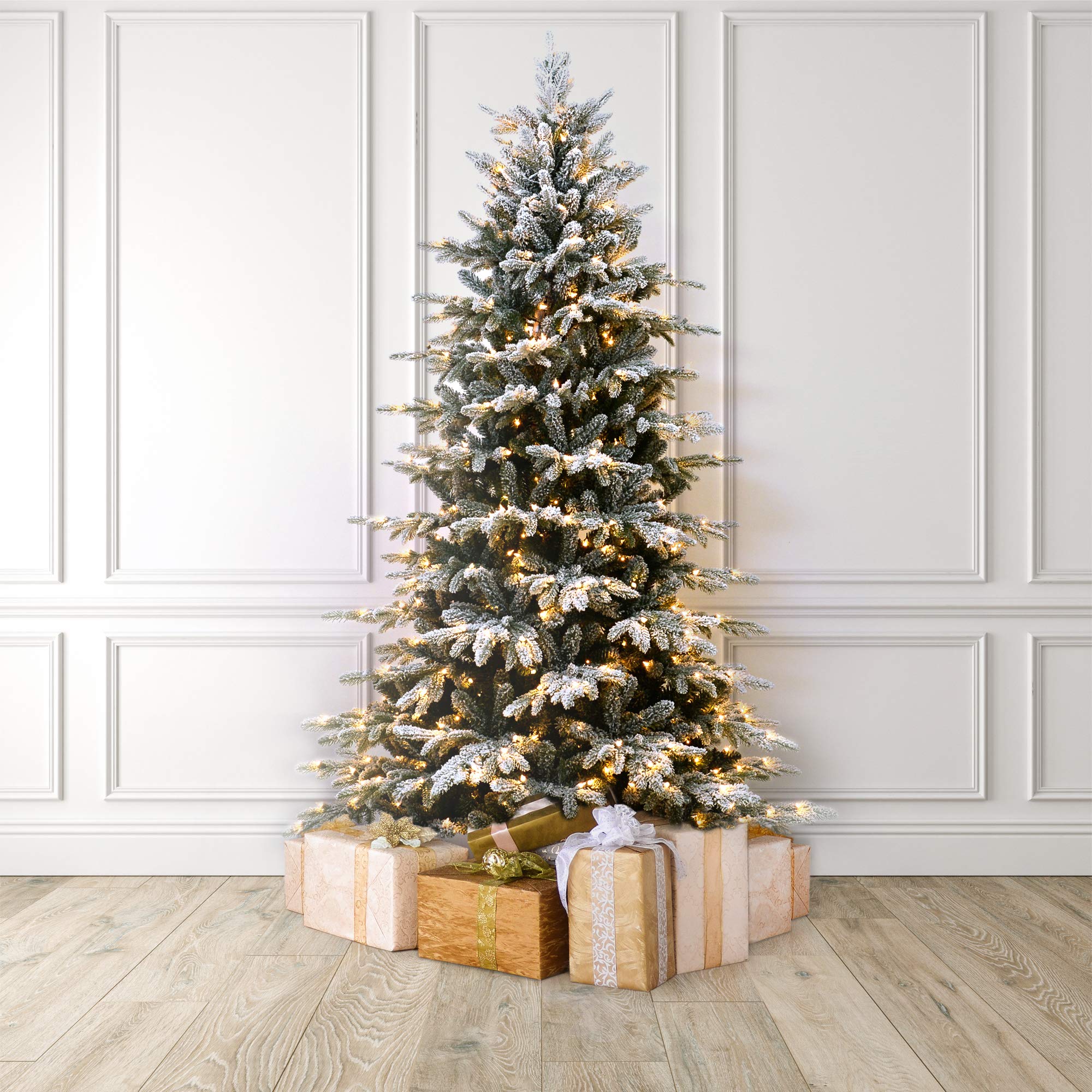 Martha Stewart 6.5ft Flocked Natural Pine Pre-Lit Artificial Christmas Tree with Clear White Lights - Perfect for Holiday Home Decor & Festive Celebrations