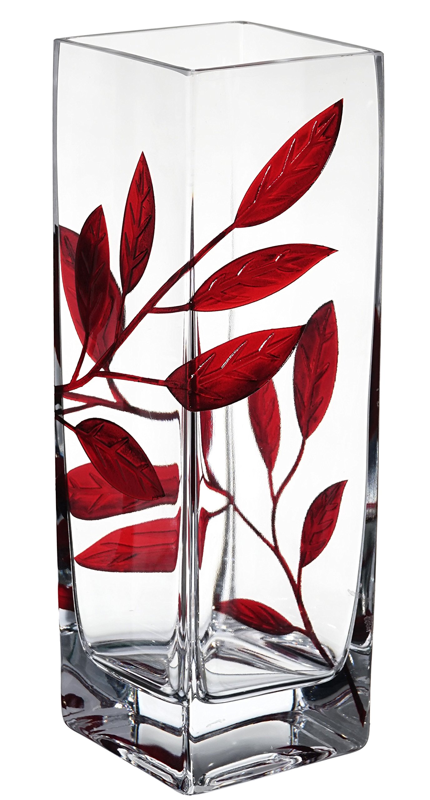Luxury Hand Blown Glass Vase with Sandblasted Red Leaf Design - 9.7 Inch Clear Square Vase in Golden Gift Box - Elegant Home Decor for Living Room, Wedding Centerpiece, Housewarming Gift