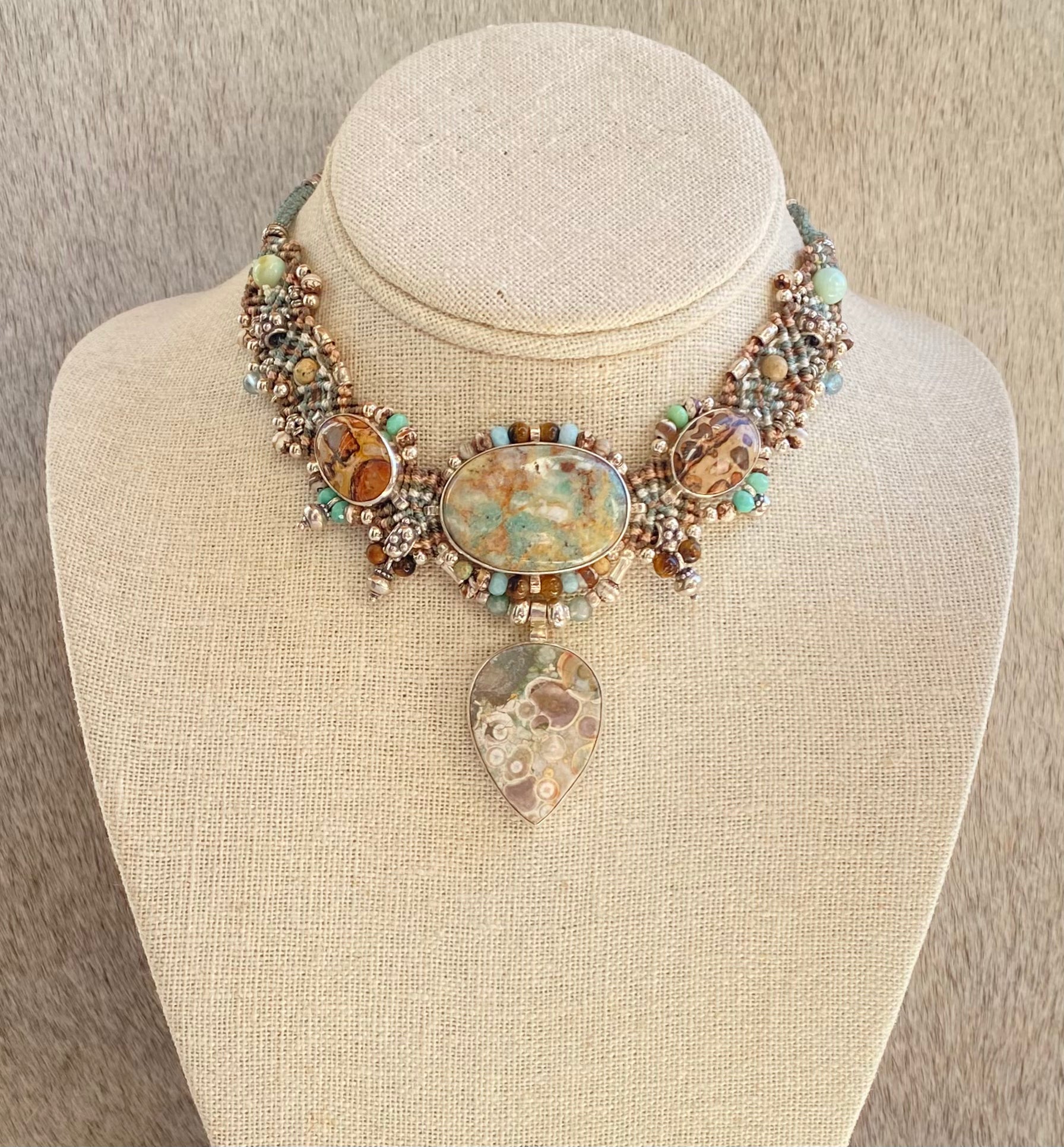 Handmade Macrame Choker Necklace with Genuine Veracite & Ocean Jasper Stones - Boho Chic Jewelry for Women, Perfect for Festivals, Beach Parties and Everyday Wear