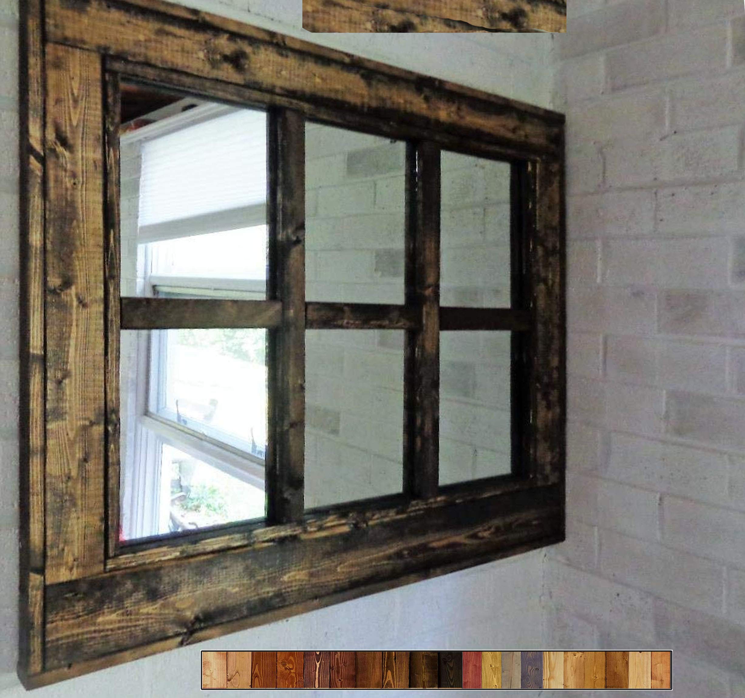 6 Pane Herringbone Window Mirror with Reclaimed Wood Frame - 20 Stain Color Options (Dark Walnut Shown) - Large Rustic Wall Mirror for Living Room, Bedroom & Entryway - Handmade in USA - Perfect for Farmhouse, Vintage & Industrial Decor