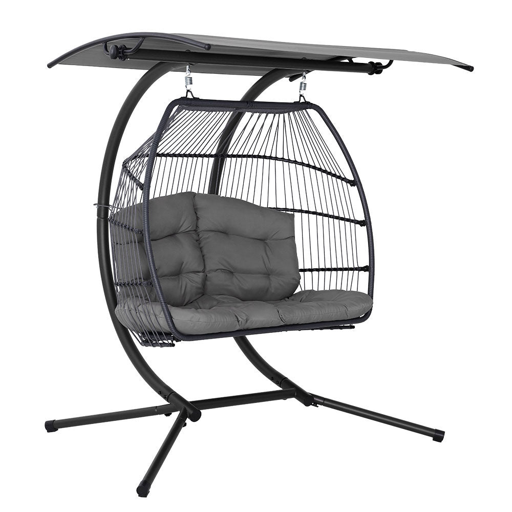 Grey Double Wicker Hanging Swing Chair with Stand - Outdoor Patio, Garden, Balcony Relaxation Chair for Backyard & Porch