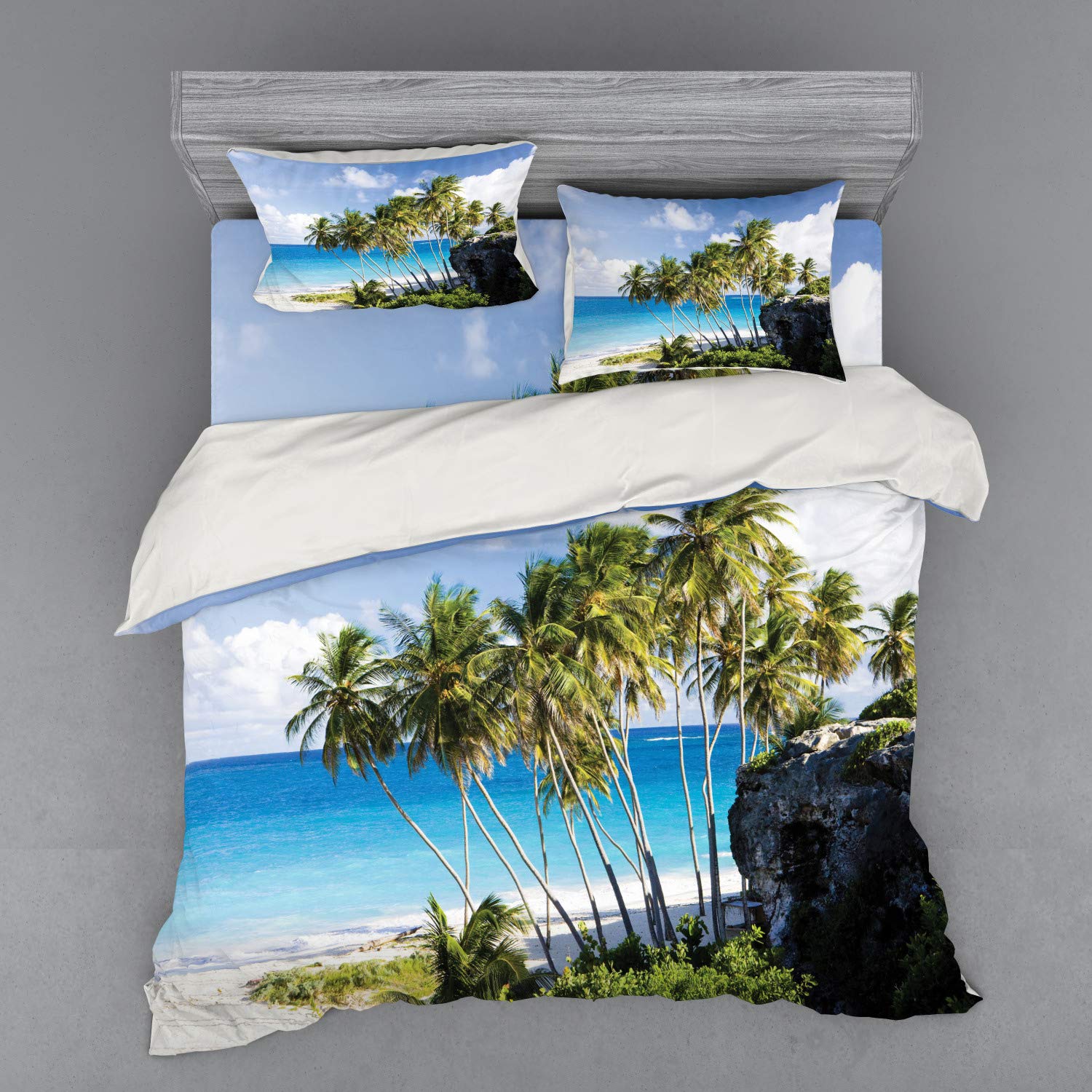 Ambesonne 4-Piece King Size Duvet Cover Set - Caribbean Island Palm Tree Ocean Print Bedding with Shams & Fitted Sheet, Cream Blue | Tropical Themed Bedroom Decor for Vacation Vibes & Beach House Styling