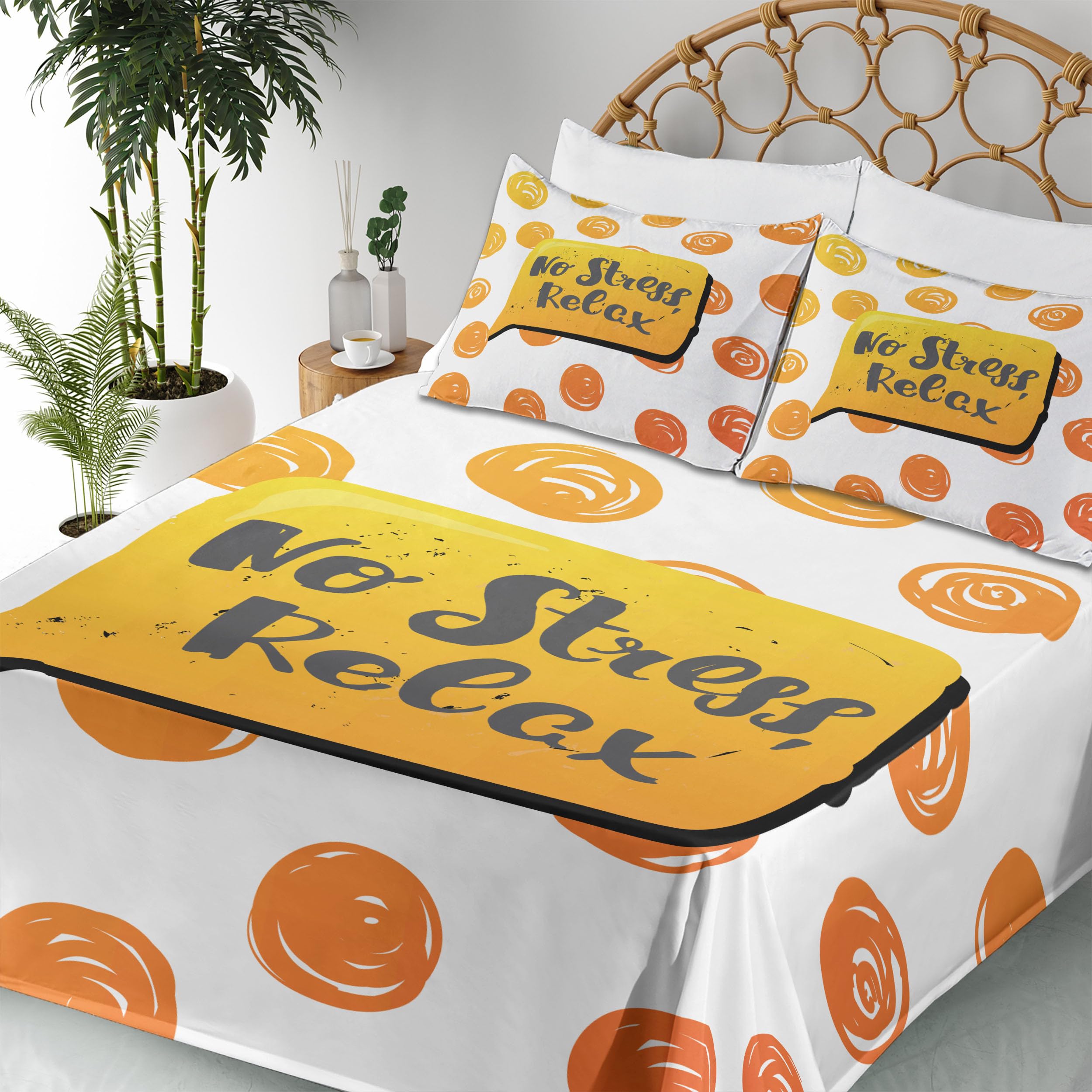Ambesonne No Stress Relax Phrase Bed Sheet Set - 4 Piece King Size with Fitted Sheet, Flat Sheet & Pillowcases - Vibrant Earth Yellow Orange Speech Bubble Design - Perfect for Stress Relief, Home Decor & Cozy Bedroom Retreat