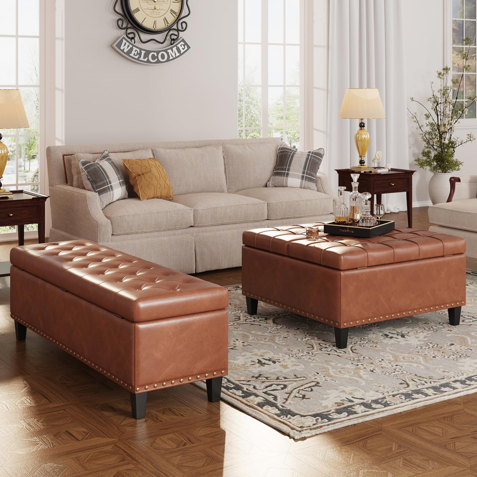 Square Leather Storage Ottoman with Lift Top - Large Upholstered Footrest Stool & Toy Box for Living Room, Bedroom - Brown Leather Coffee Table Ottoman | Perfect for Extra Seating, Storage & Home Decor