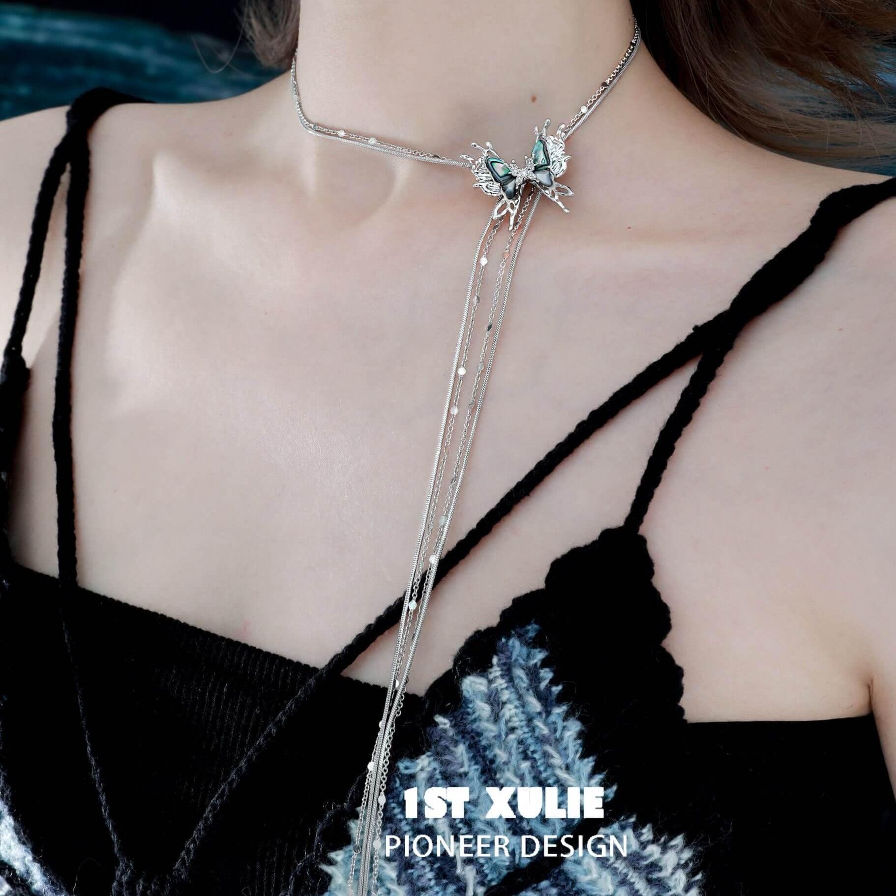 18K Gold Plated Abalone Shell Butterfly Tassel Choker Necklace - Elegant Boho Jewelry for Women, Perfect for Weddings, Parties & Date Nights
