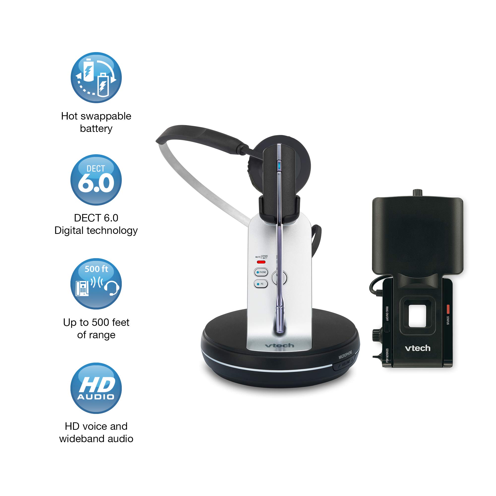 VTech VH6211 DECT 6.0 Wireless Headset - Convertible Softphone & Desk Phone Headset with Lifter for Office Professionals | Compatible with Business Phones | Perfect for Call Centers, Remote Work & Customer Service