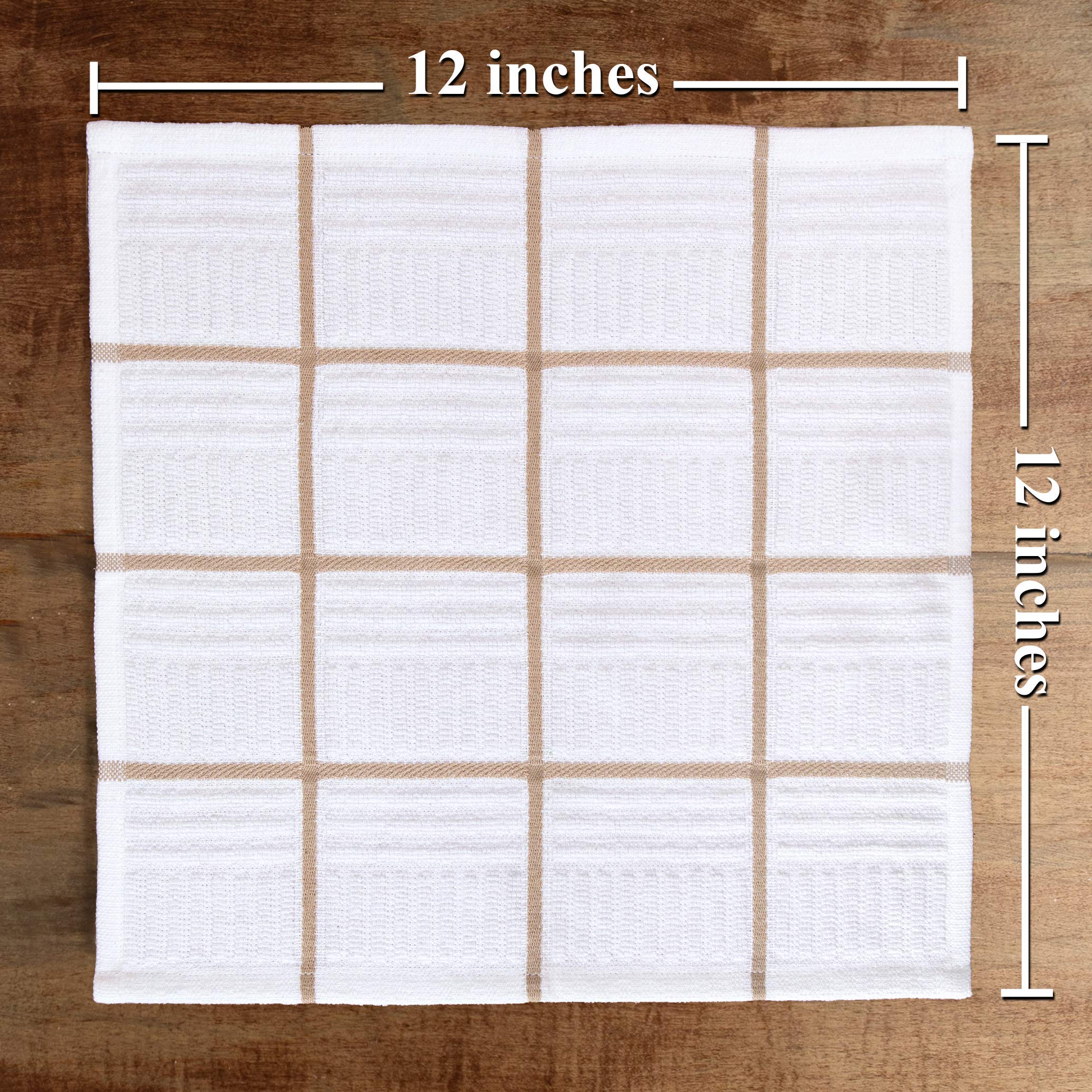 Premium 100% Cotton Kitchen Towels Set of 8 - Absorbent & Reusable Dish Cloths for Cleaning, Drying & Wiping (12x12 Inches, Tan & White) | Oeko-Tex Certified | Perfect for Dishes, Countertops & Household Chores