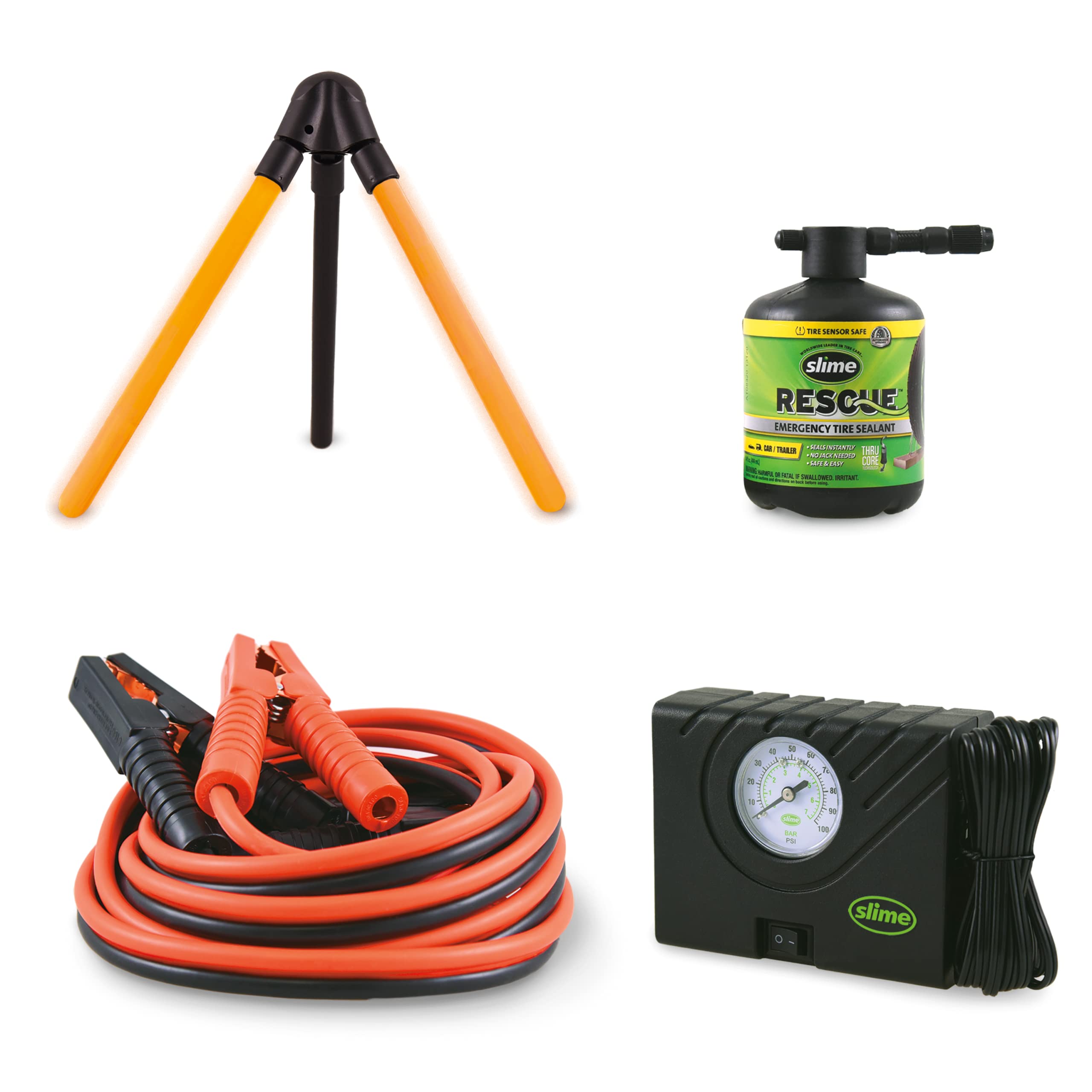 Slime 50154 Emergency Roadside Kit with Flat Tire Repair & Jumper Cables - Compact, Standard & Crossover Vehicle Safety - Perfect for Road Trips & Winter Driving