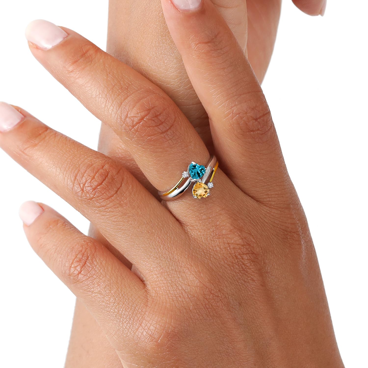 1.03 Ct London Blue Topaz & Yellow Citrine 925 Silver 10K Gold Lab-Grown Diamond Heart Promise Ring for Couples, Engagement, Mother's Day Gift - Perfect for Anniversaries, Valentine's Day & Special Occasions