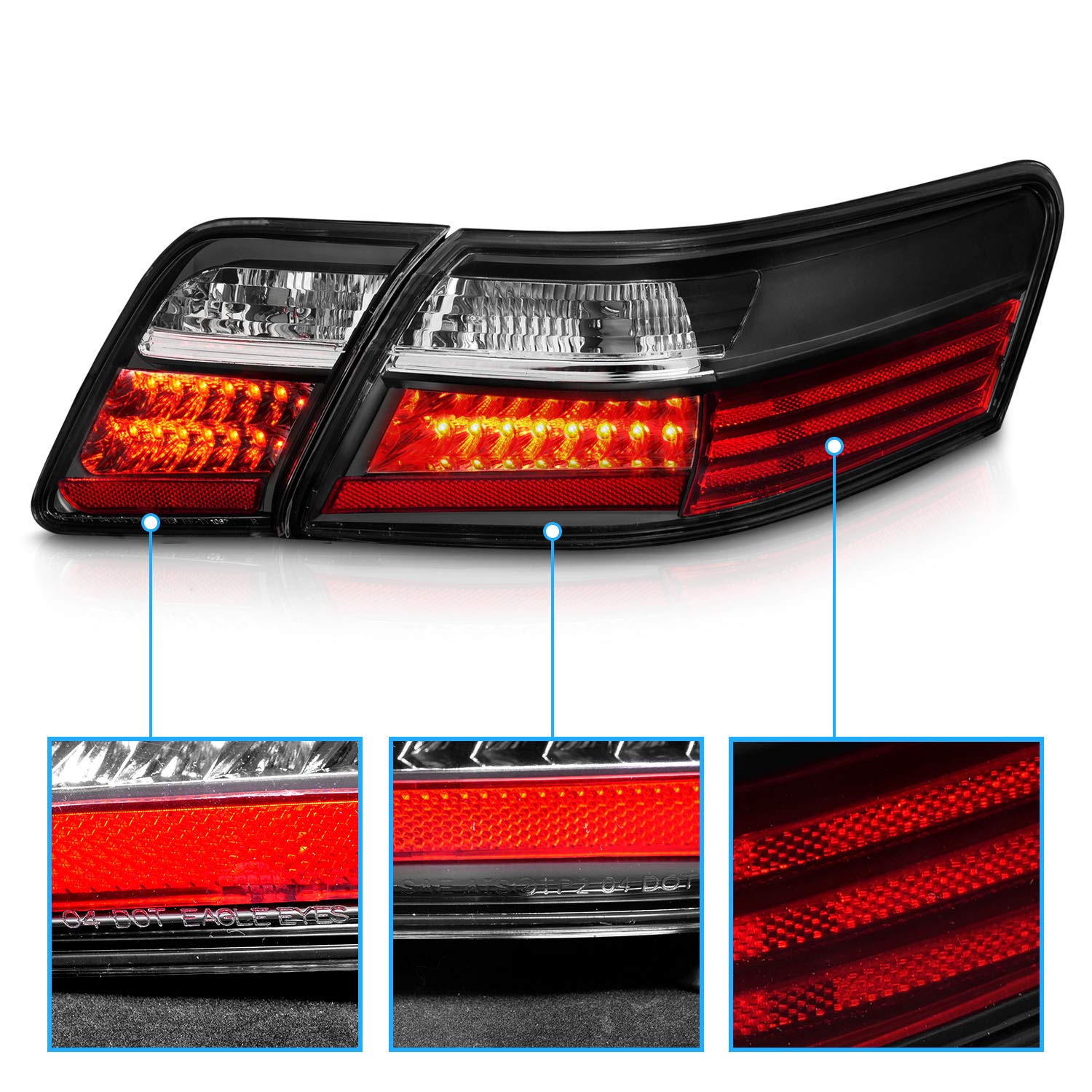 2007-2009 Toyota Camry LED Black Replacement Tail Lights Set (4pcs) - Passenger & Driver Side - Enhanced Visibility & Style for Night Driving & Custom Car Upgrades