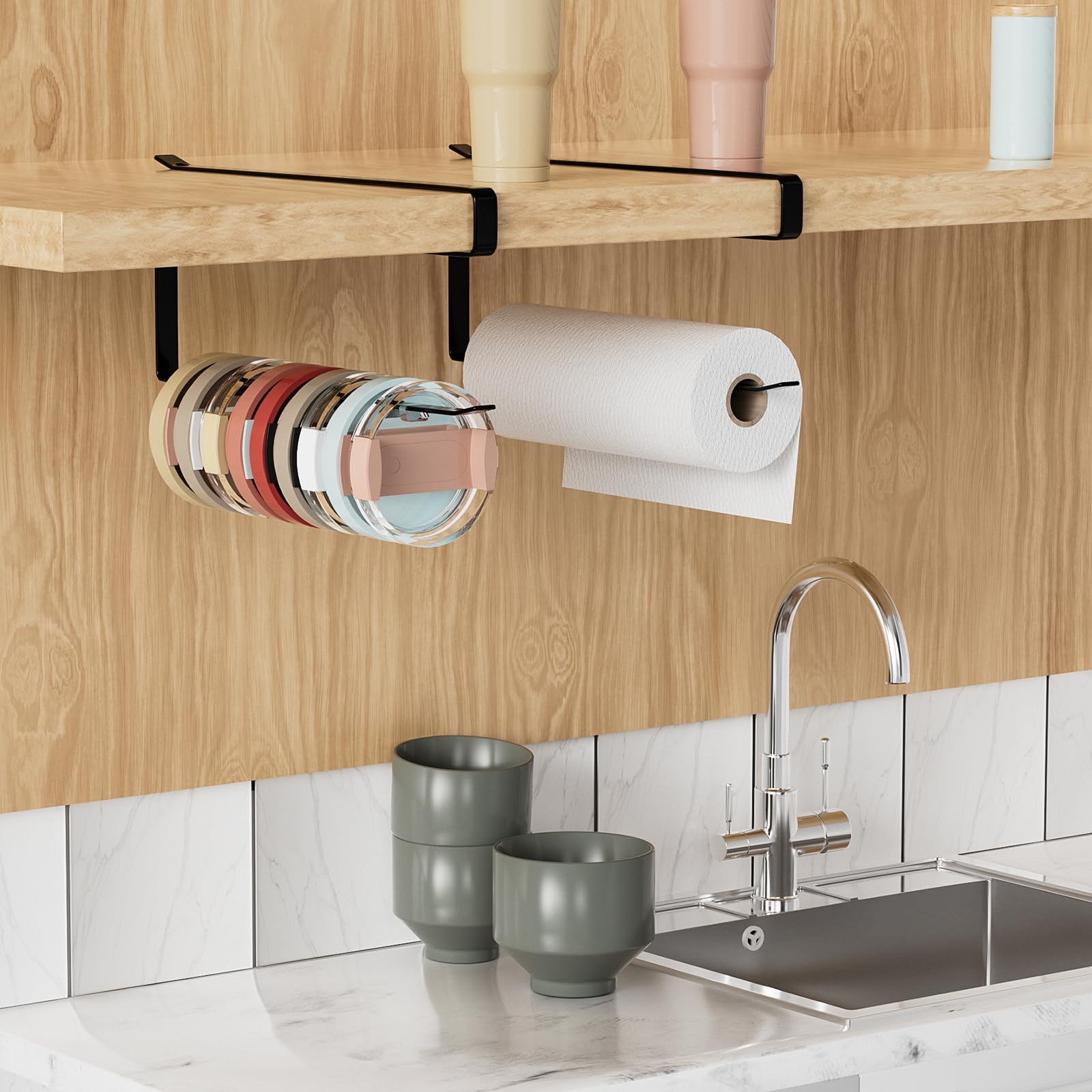Premium Tumbler Lid Organizer - Under Cabinet Cup Lid Storage Holder, Space Saving Kitchen Organizer with Easy Installation for Drinking Tumblers (Black) - Perfect for Kitchen Cabinet, Pantry & Coffee Station Organization
