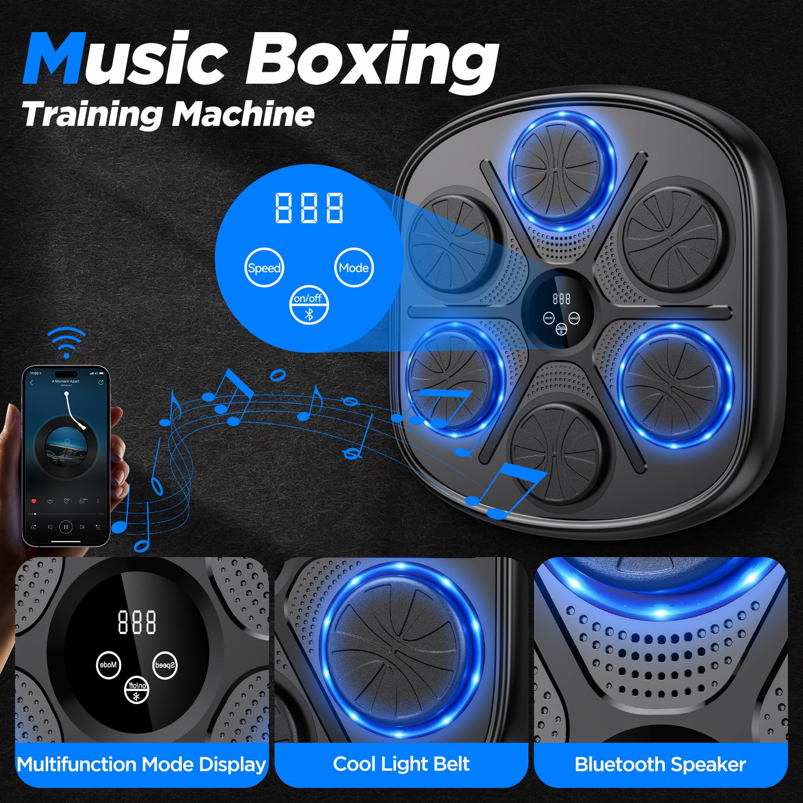 2024 Smart Music Boxing Machine with Speed Adjustment - Boxing Training Equipment with Gloves, Electronic Punching Pad for Home Gym - Perfect for Fitness, Stress Relief & Cardio Workouts (Black)
