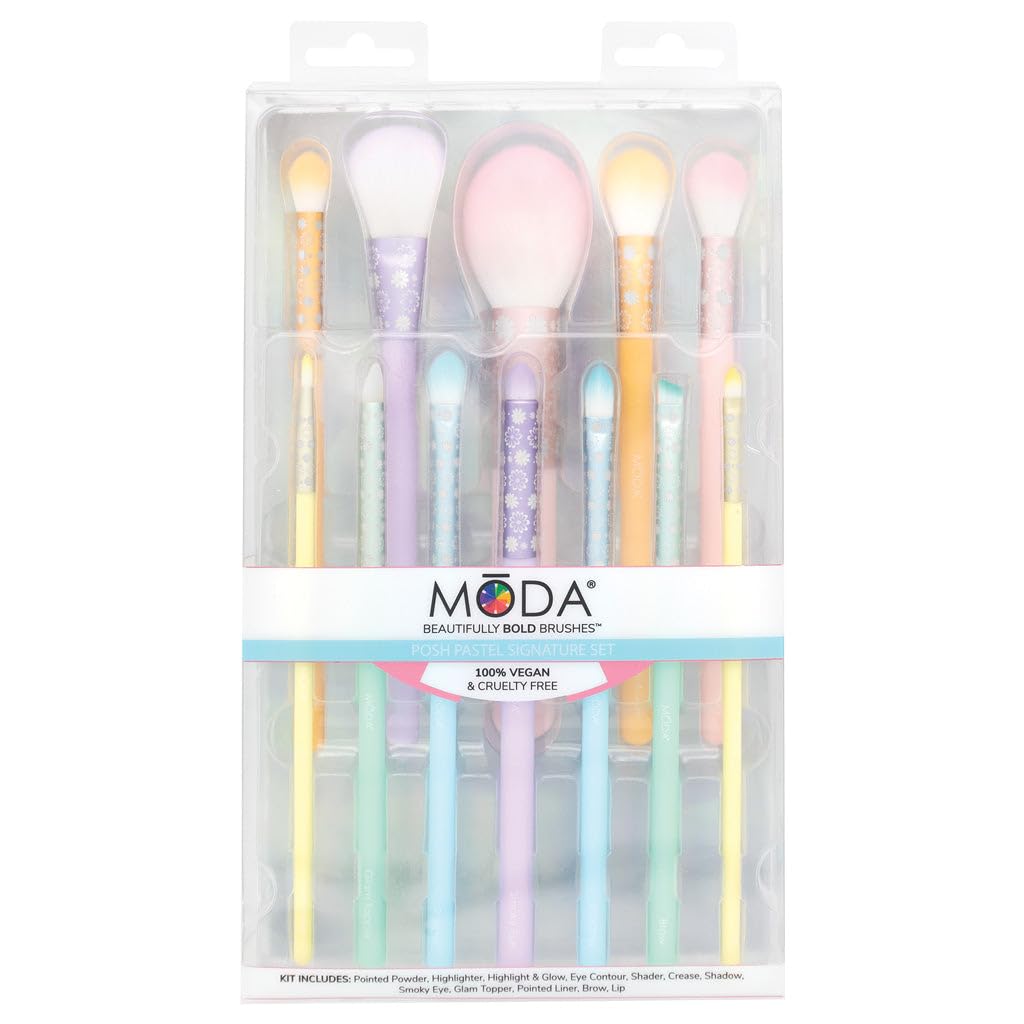MODA Posh Pastel 12-Piece Professional Makeup Brush Set - Blush, Highlighter, Eyeshadow, Crease, Brow & Lip Brushes for Flawless Makeup Application | Perfect for Travel, Bridal & Everyday Beauty Routine