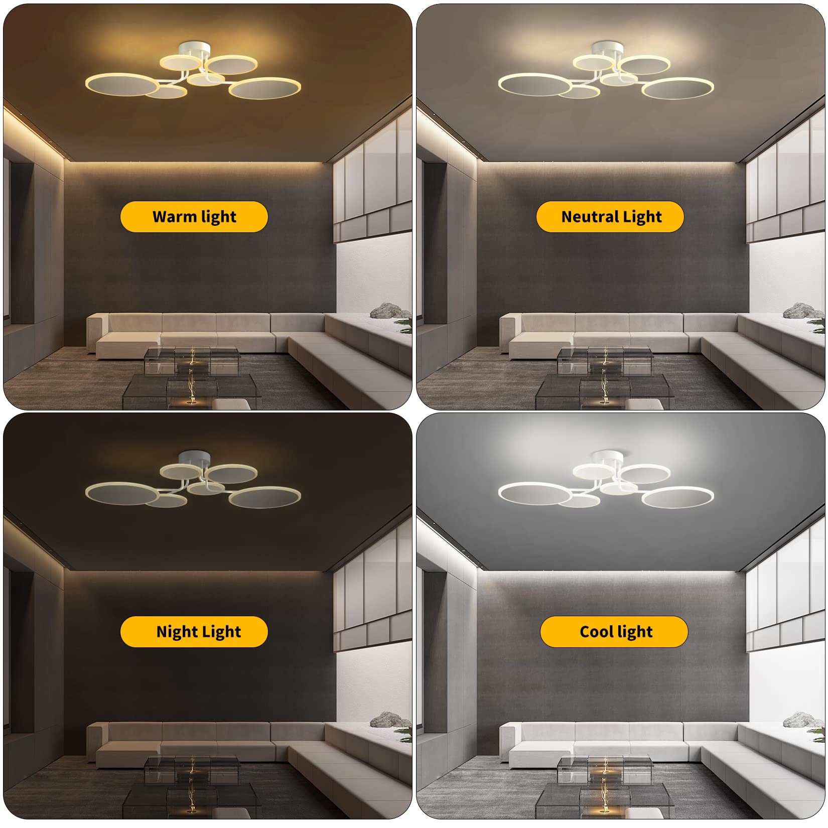 Modern LED Ceiling Light Fixture with Remote Control - 6 Circle Dimmable Sputnik Chandelier for Living Room, Dining Room, Bedroom, Office & Restaurant | Energy-Efficient Close-to-Ceiling Lighting for Home & Commercial Spaces